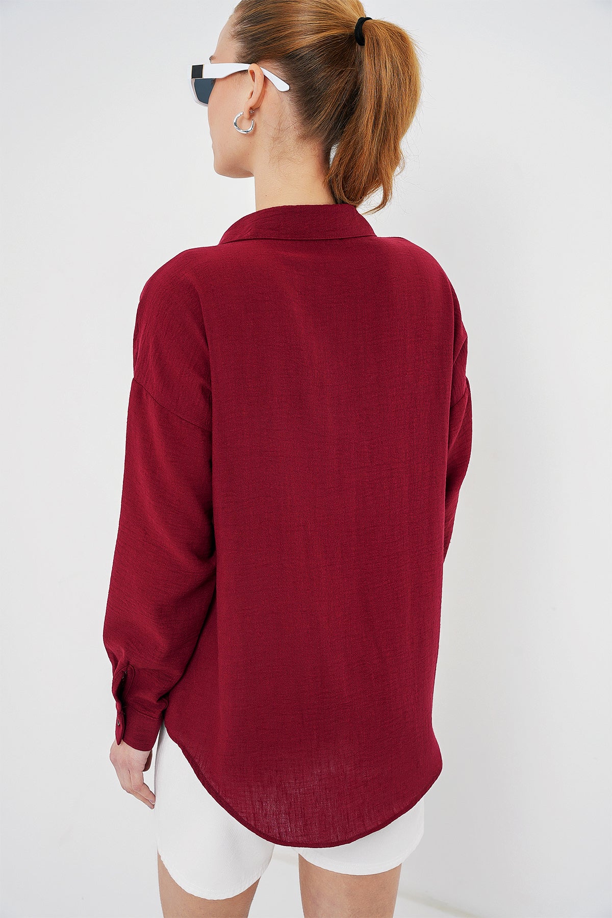 Image of 20153 Tek Cepli Oversize Keten Gömlek - Bordo