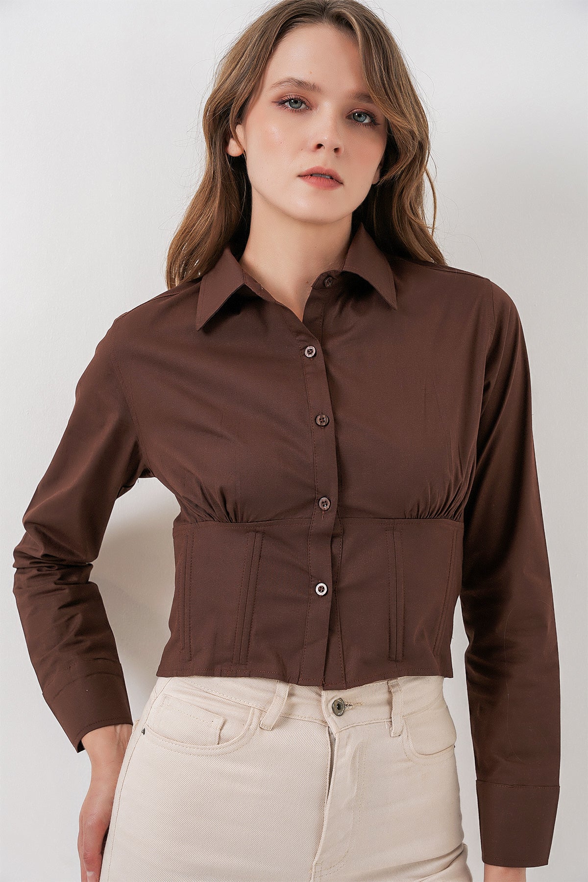 Image of 20231 Slim Fit Poplin Gömlek - Kahverengi