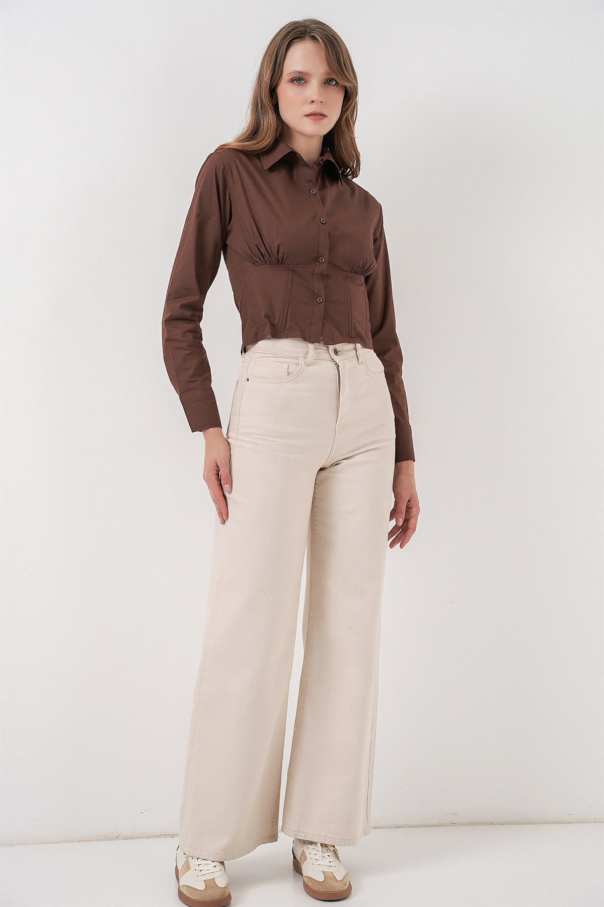 Image of 20231 Slim Fit Poplin Gömlek - Kahverengi