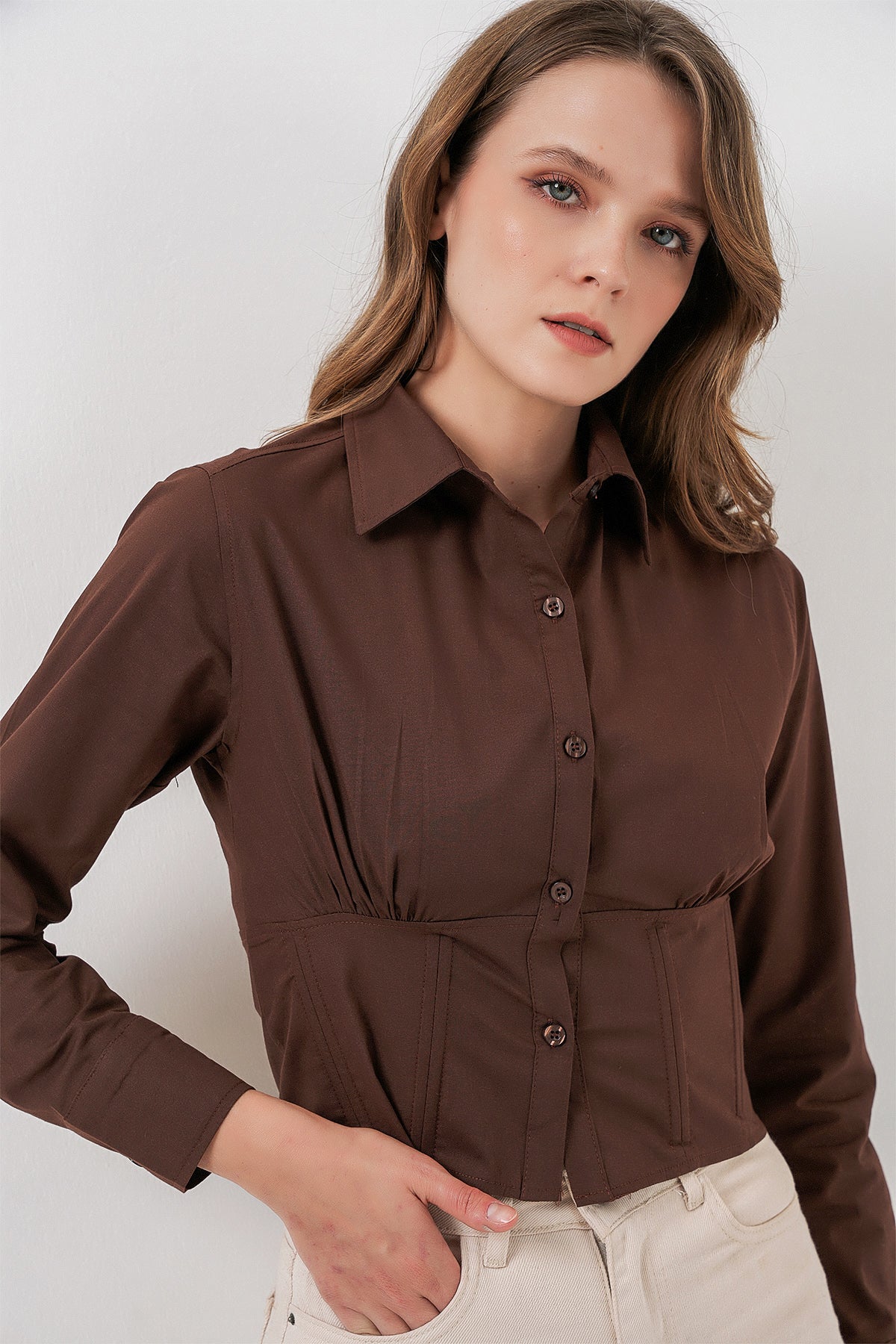 Image of 20231 Slim Fit Poplin Gömlek - Kahverengi