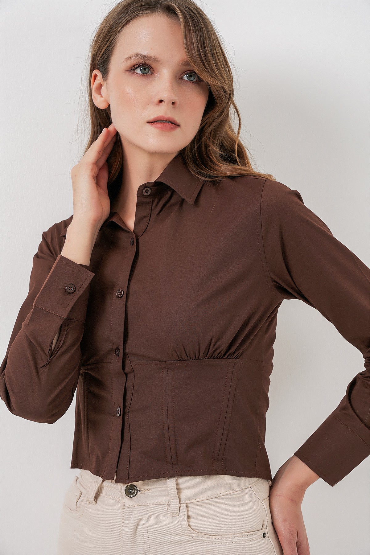 Image of 20231 Slim Fit Poplin Gömlek - Kahverengi