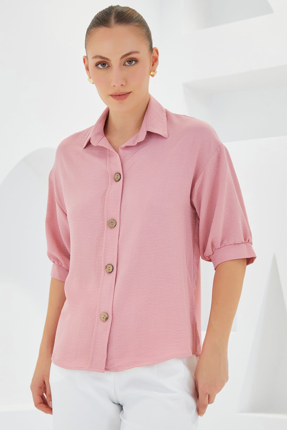 Image of Kadın Pembe Kısa Kol Oversize Keten Gömlek 20240