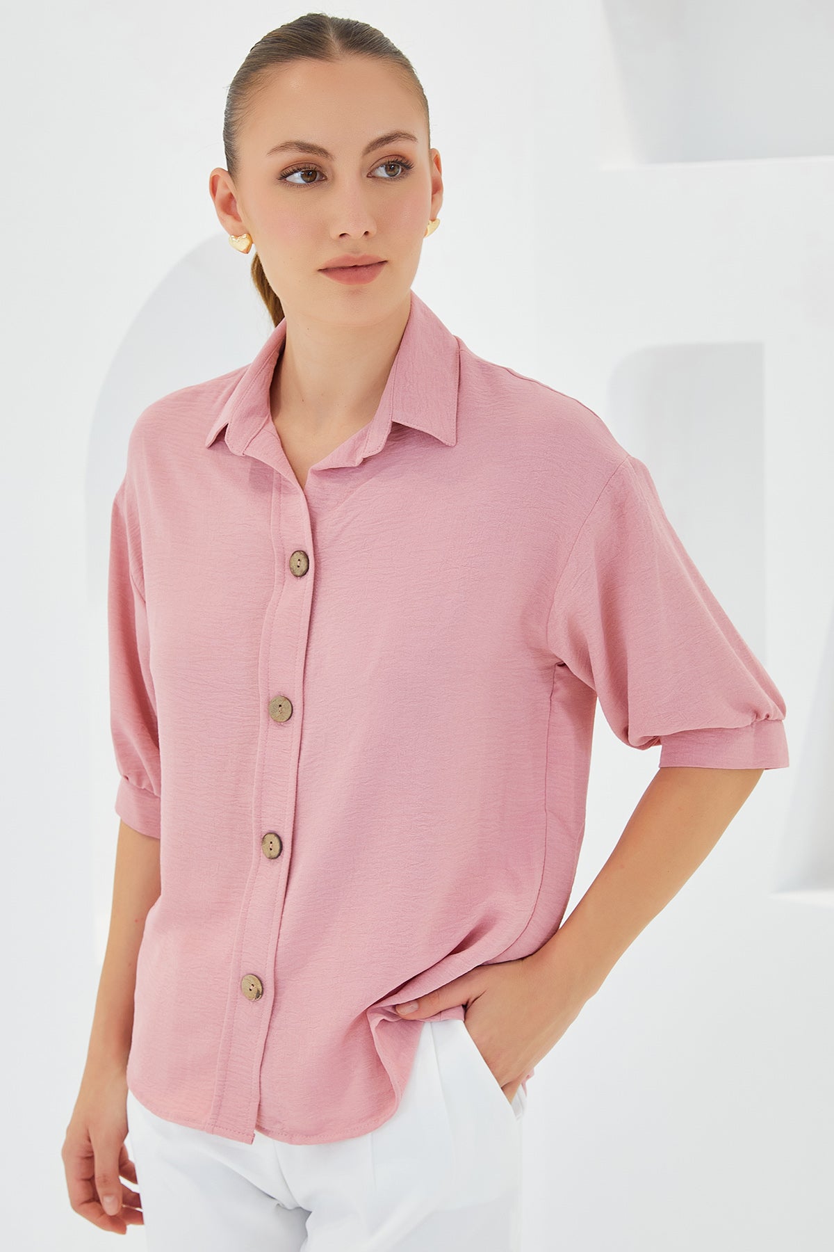 Image of Kadın Pembe Kısa Kol Oversize Keten Gömlek 20240