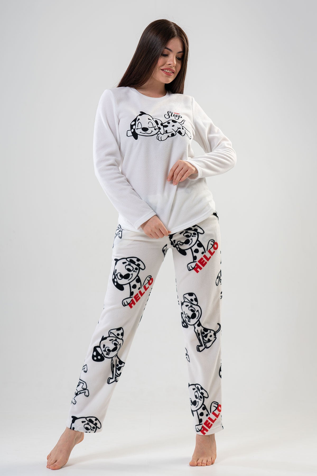 Image of BAYAN POLAR O YAKA UZUN KOL ETEGI OVAL CEPLI PIJAMA TAKIM