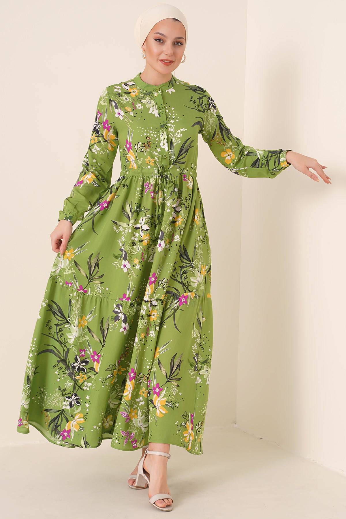 Image of Rochie hijab cu guler mandarin 2144 - Verde închis
