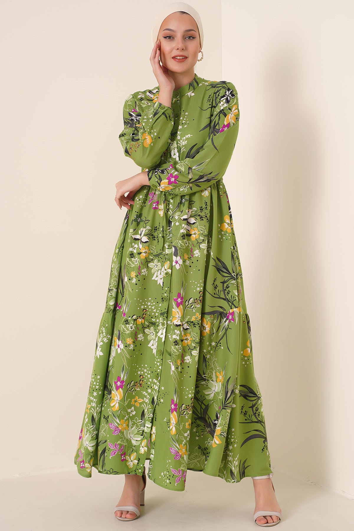 Image of Rochie hijab cu guler mandarin 2144 - Verde închis