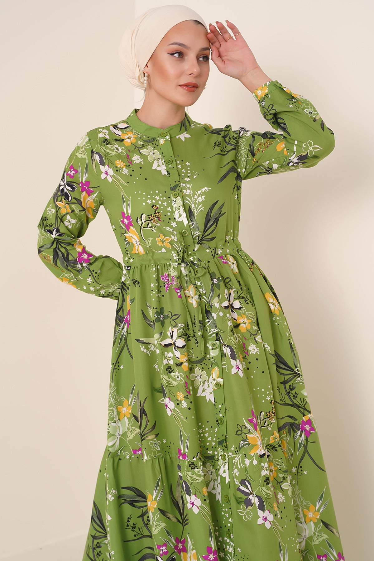 Image of Rochie hijab cu guler mandarin 2144 - Verde închis