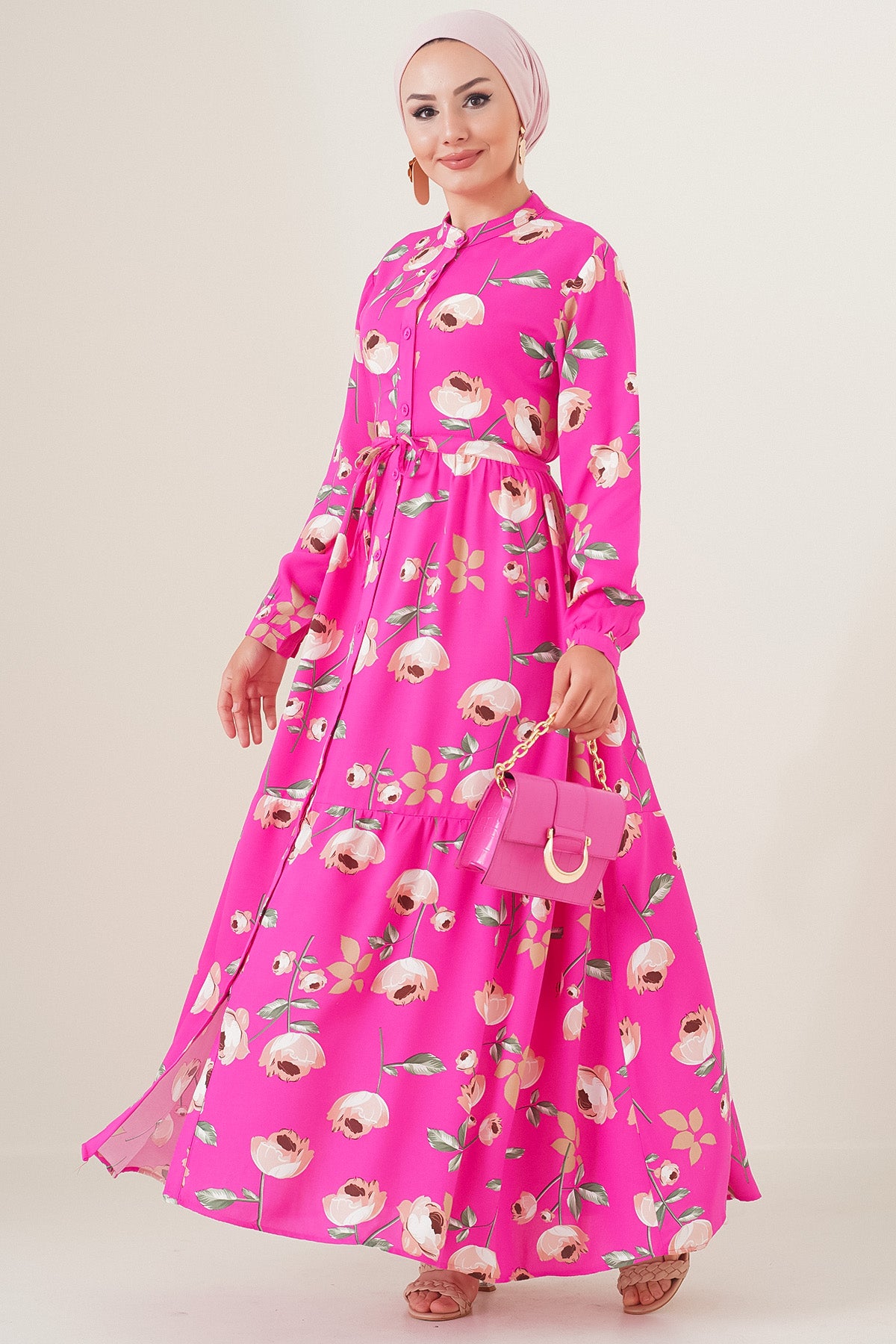 Image of Rochie hijab cu guler mandarin 2144 - A.Fuchsia