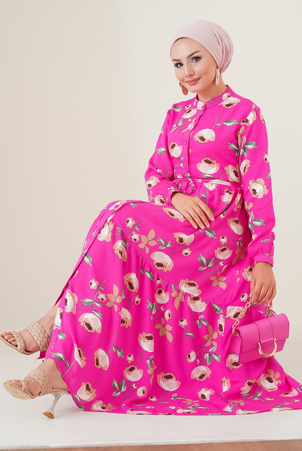 Image of Rochie hijab cu guler mandarin 2144 - A.Fuchsia