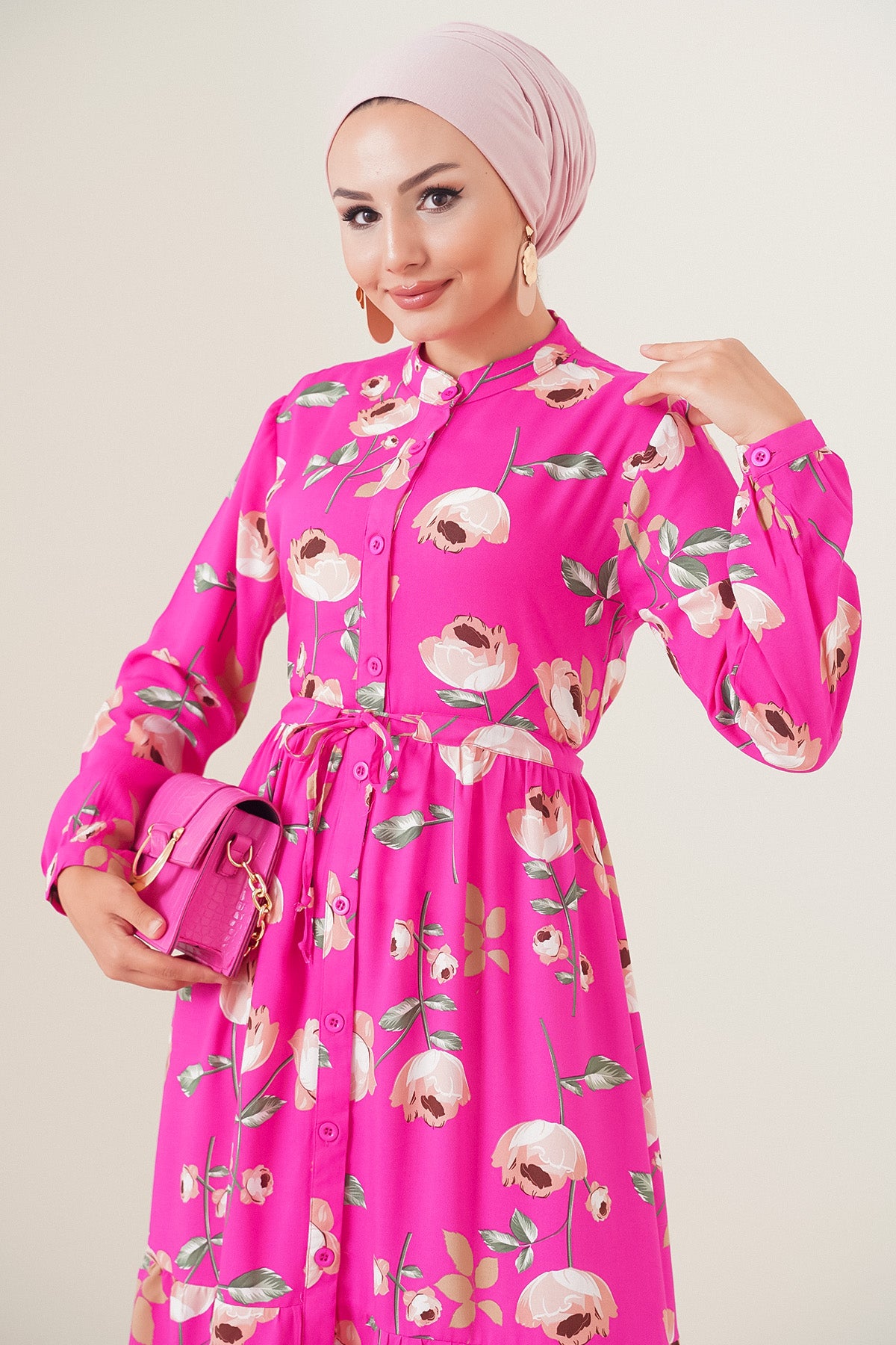 Image of Rochie hijab cu guler mandarin 2144 - A.Fuchsia