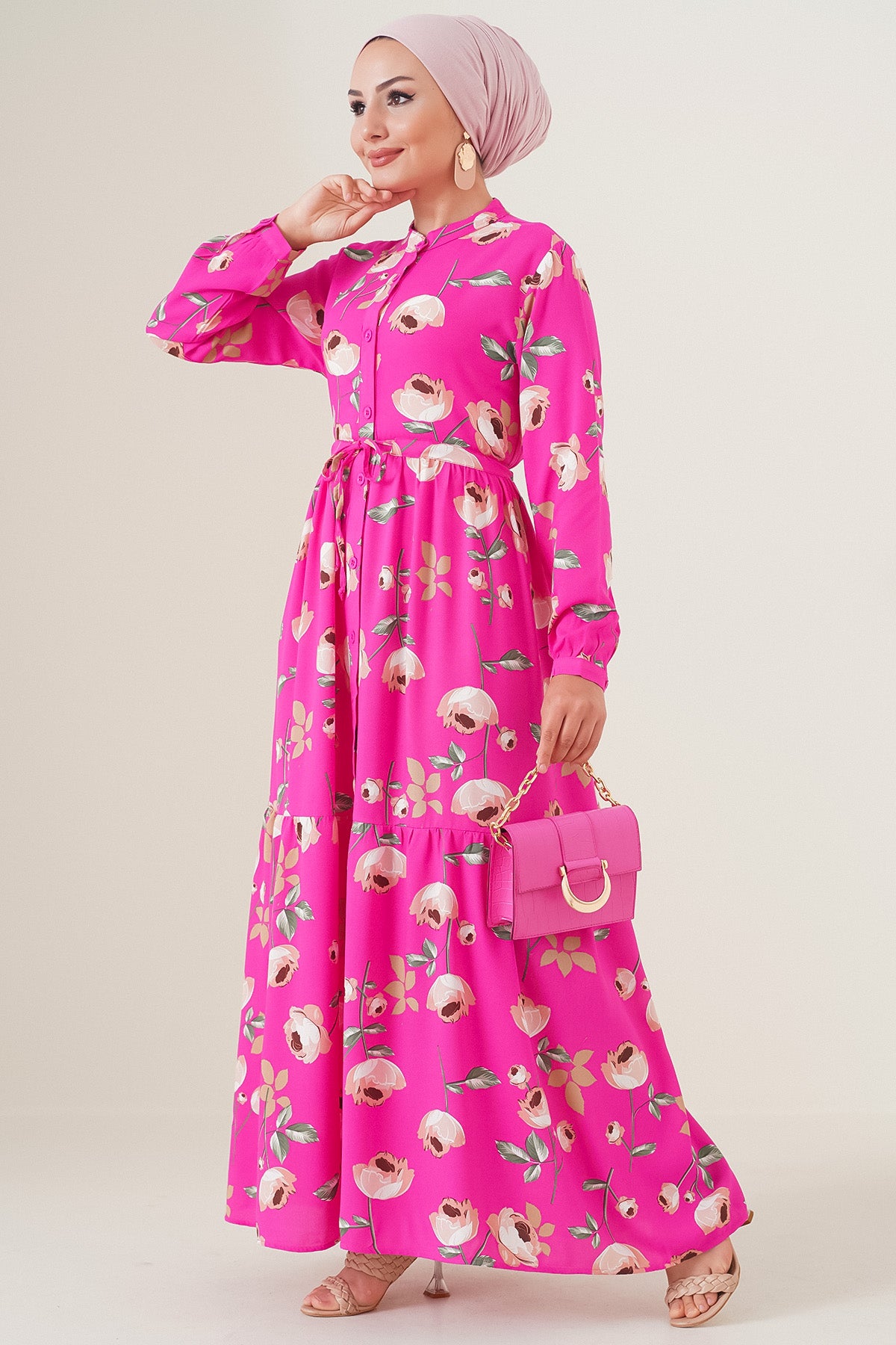 Image of Rochie hijab cu guler mandarin 2144 - A.Fuchsia