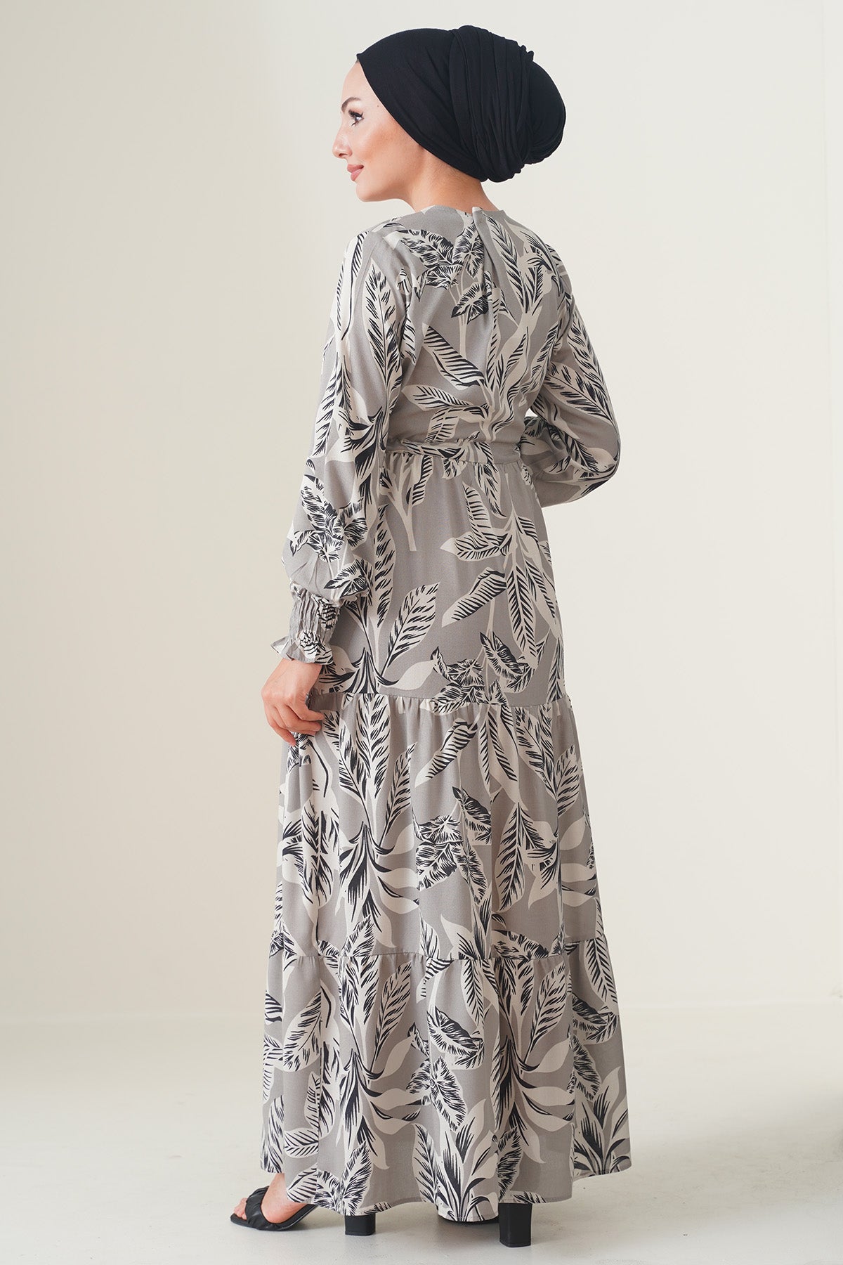 Image of 2145 Desenli Tesettür Elbise - Taş