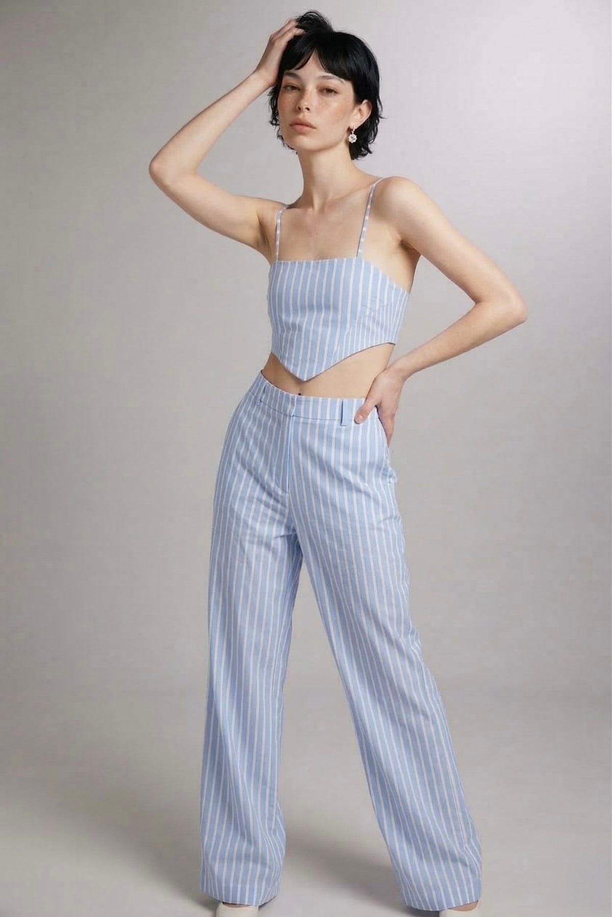 Image of Askılı Çizgili Harmony Poplin Büstiyer Mavi