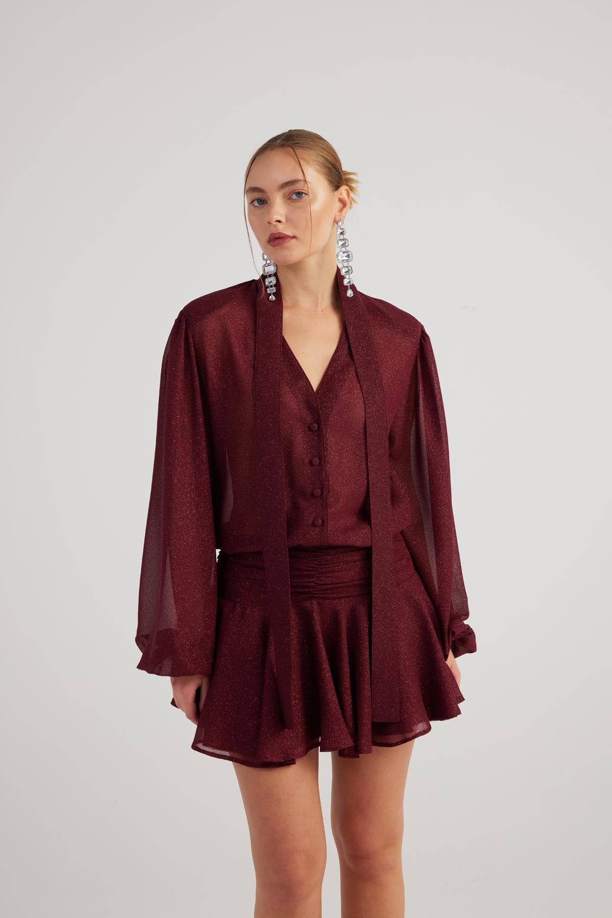Image of Simli Kumaş Fırfırlı Mini Vanesa Elbise Bordo