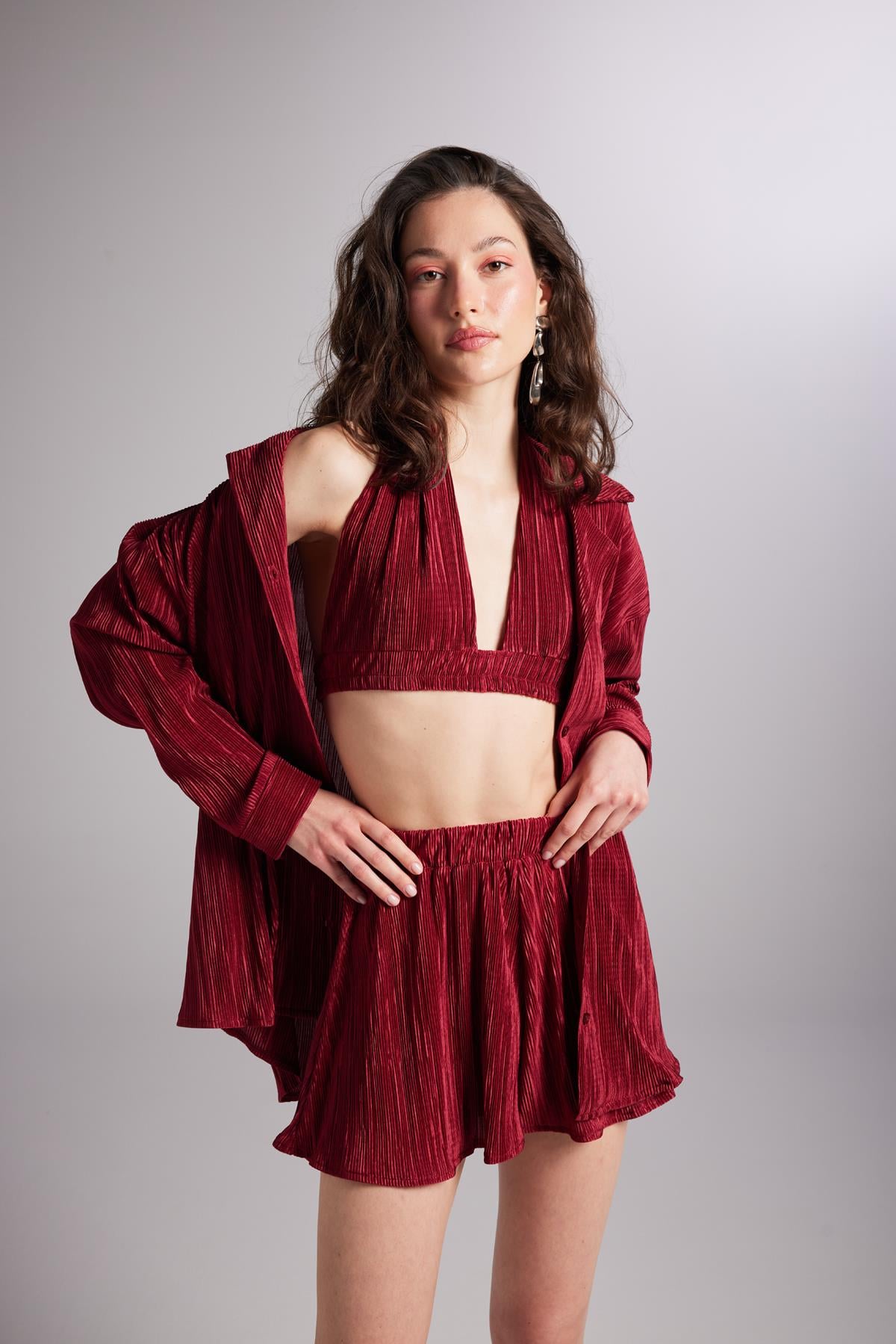 Image of Beli Lastikli Mini Comfy Şort Bordo