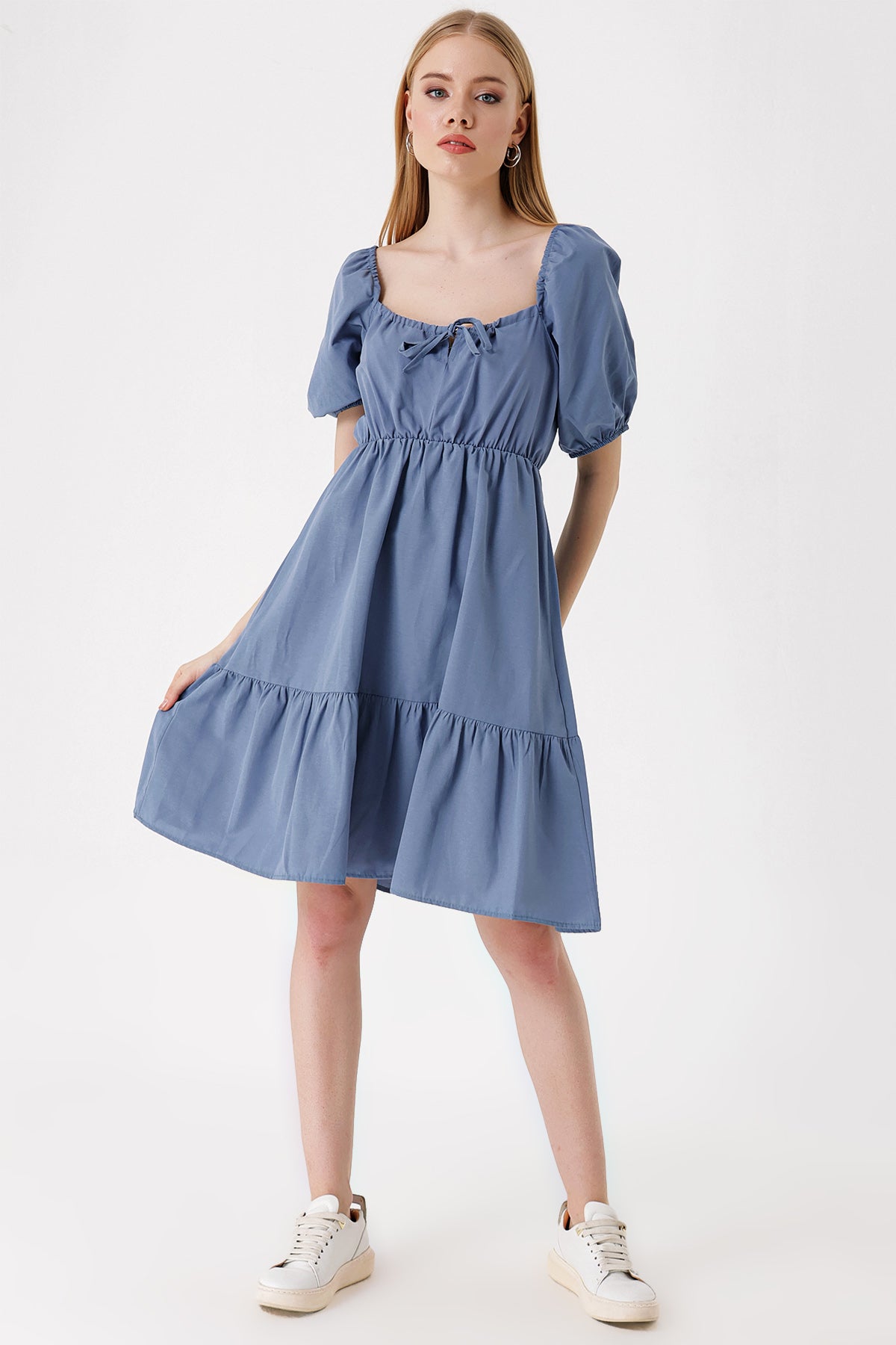 Image of 2351 Kloş Poplin Elbise - İndigo