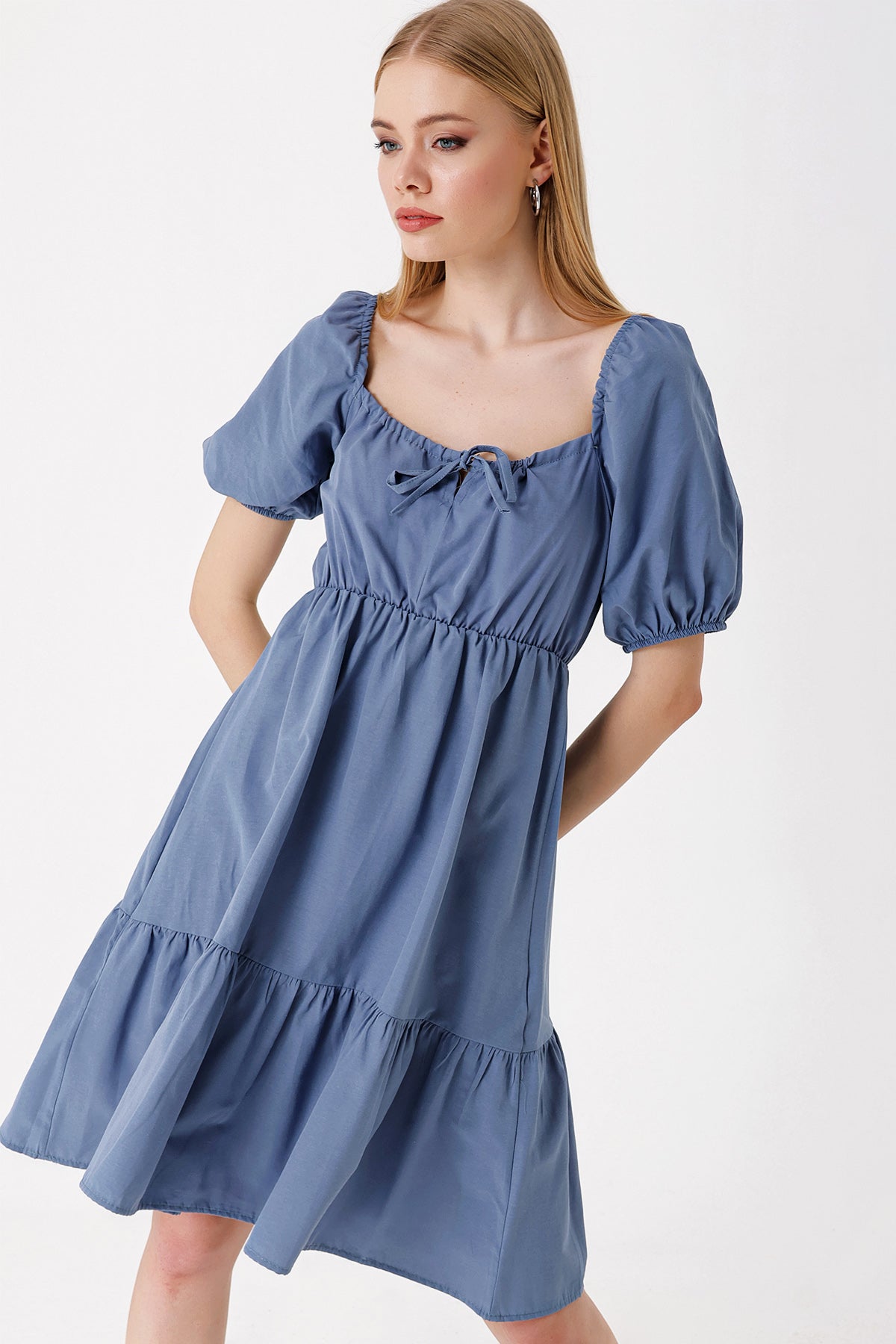 Image of 2351 Kloş Poplin Elbise - İndigo