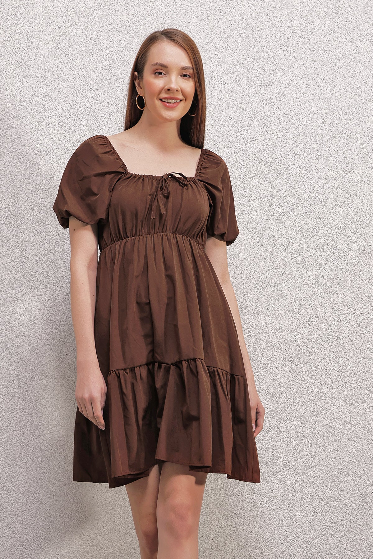 Image of 2351 Kloş Poplin Elbise - Kahverengi