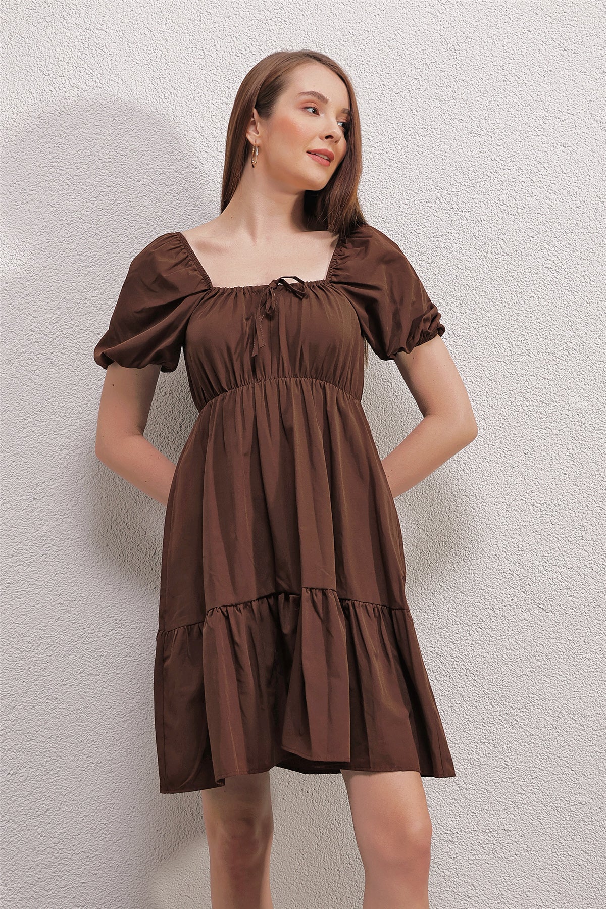 Image of 2351 Kloş Poplin Elbise - Kahverengi