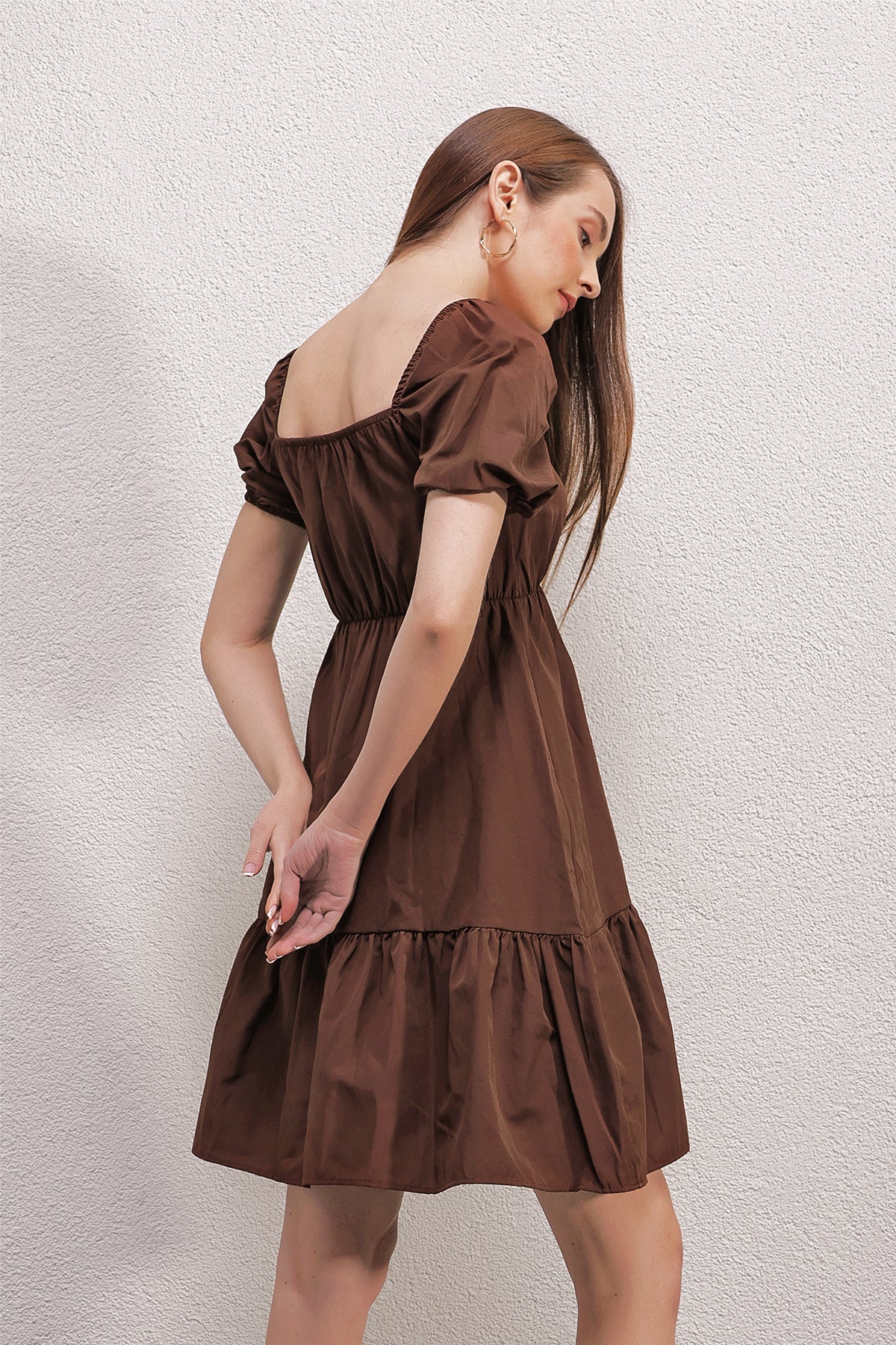 Image of 2351 Kloş Poplin Elbise - Kahverengi