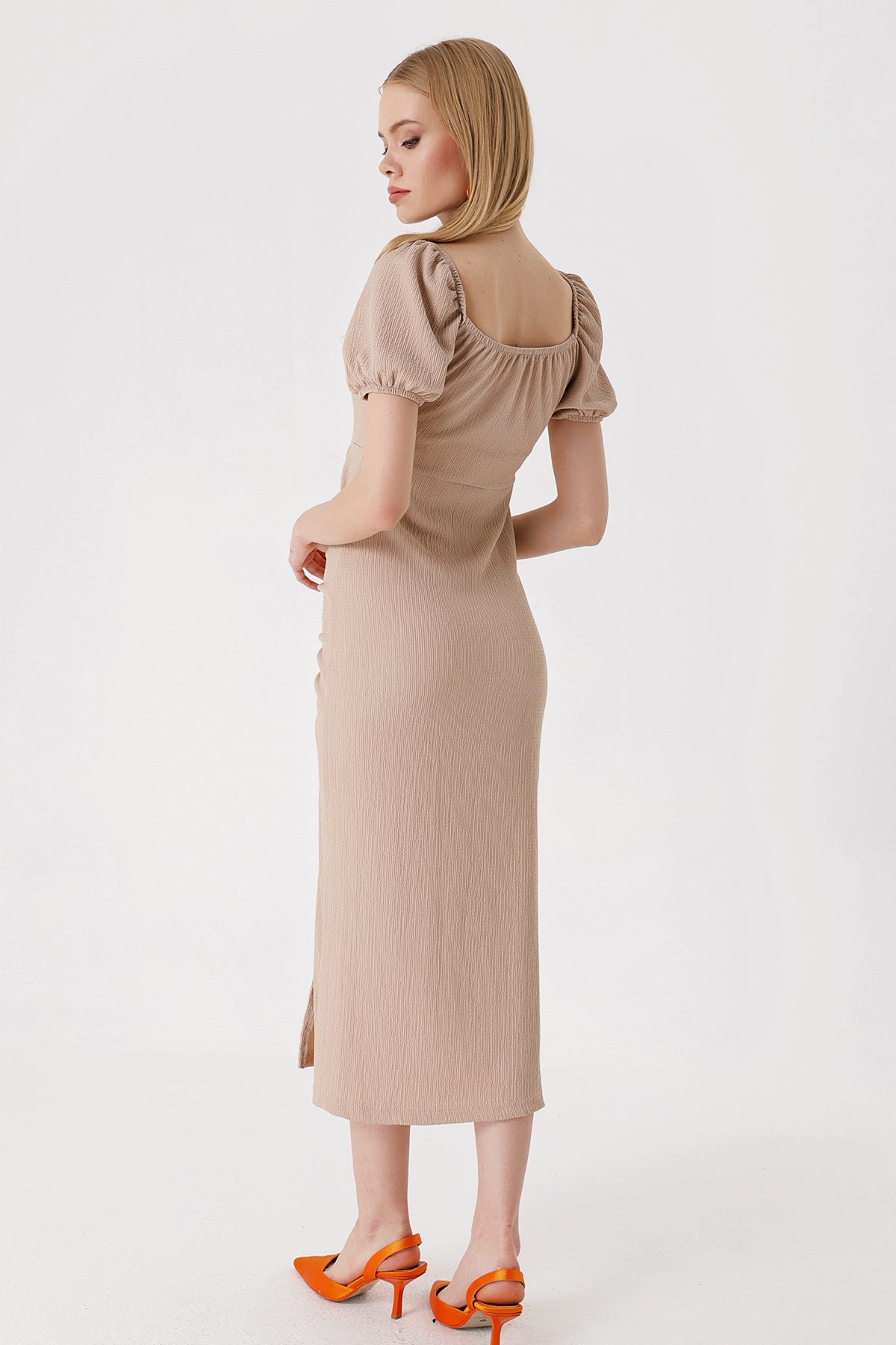 Image of Rochie de vară tricotată cu crăpături 2396 - Biscuit