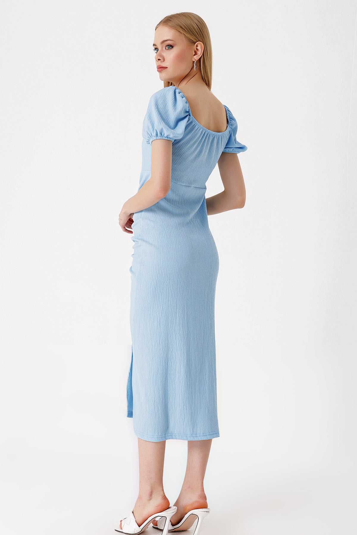 Image of Rochie de vară tricotată cu crăpături 2396 - Albastră