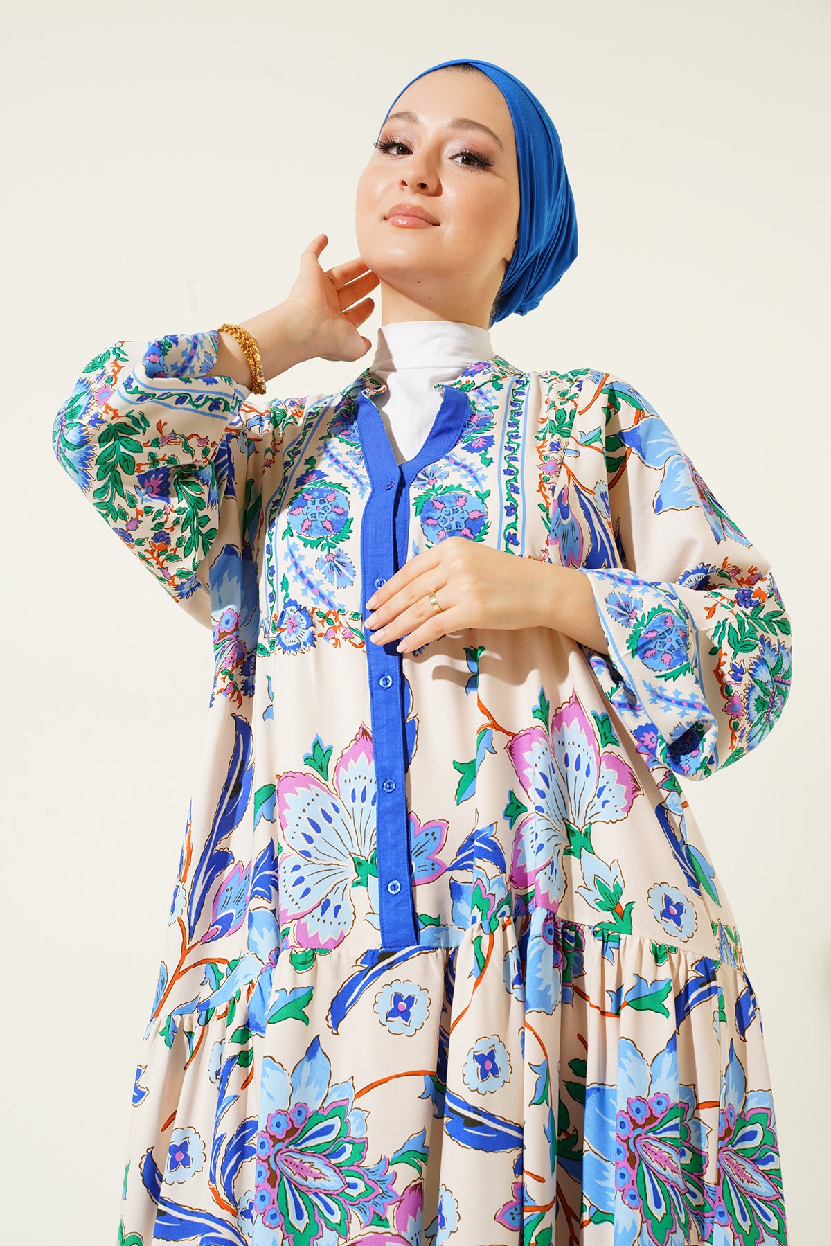 Image of 2423 Otantik Desenli Tesettür Elbise - Y.Lacivert