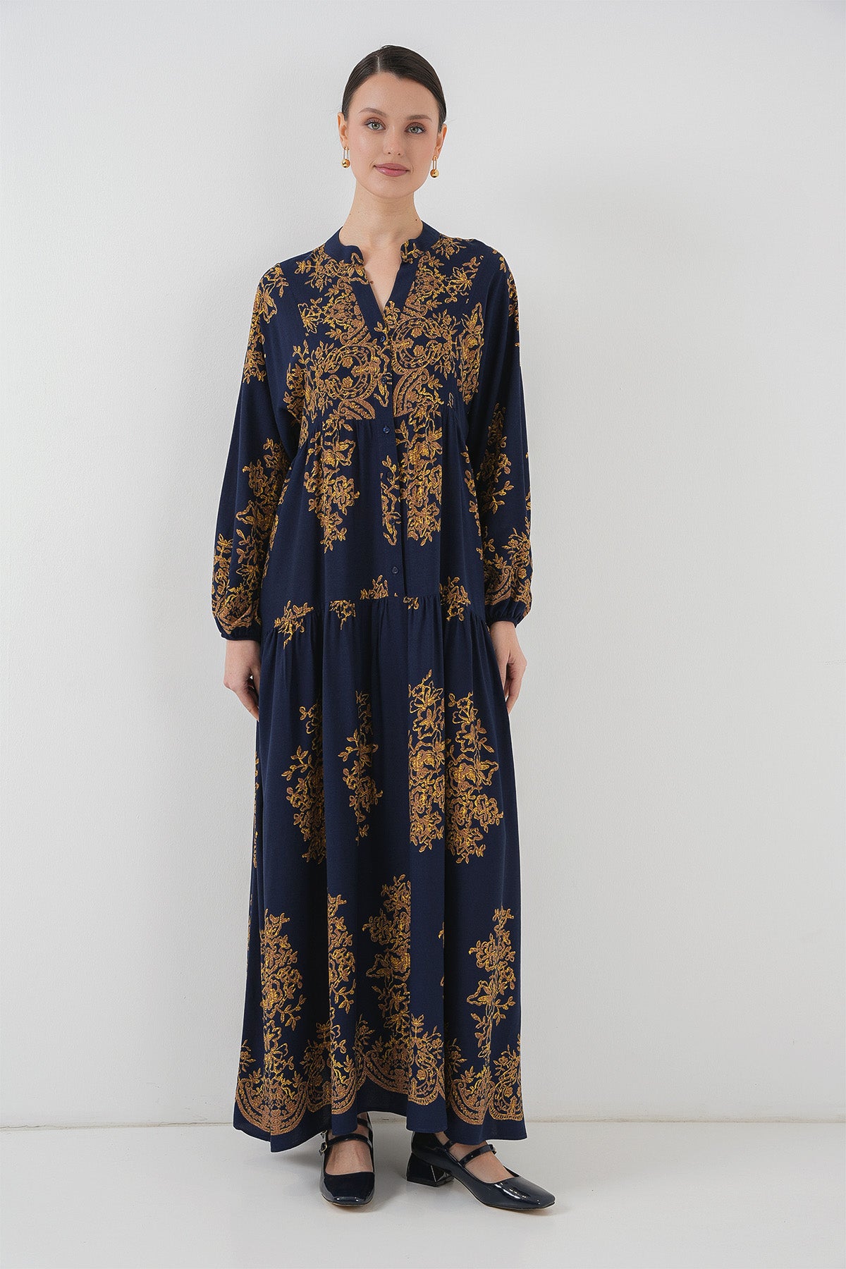 Image of Rochie hijab bleumarin cu model auriu 2423