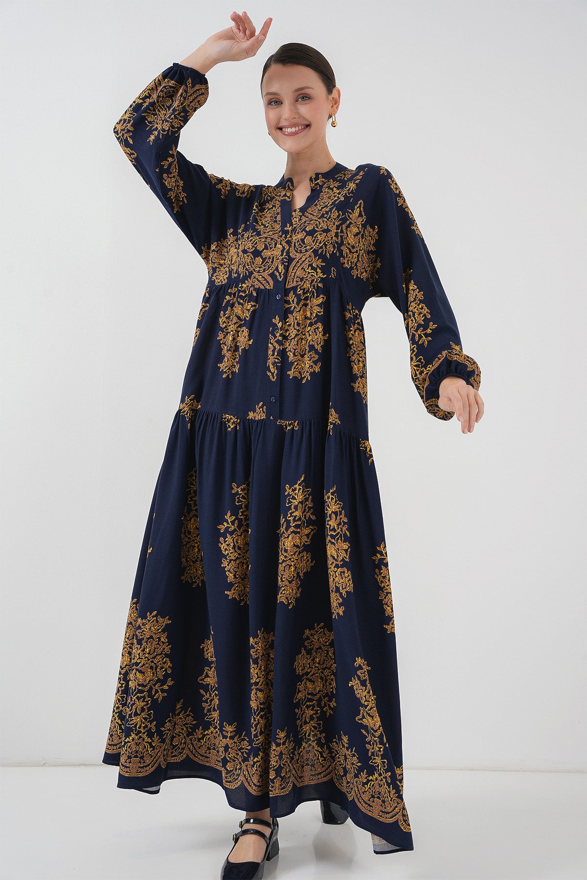 Image of Rochie hijab bleumarin cu model auriu 2423