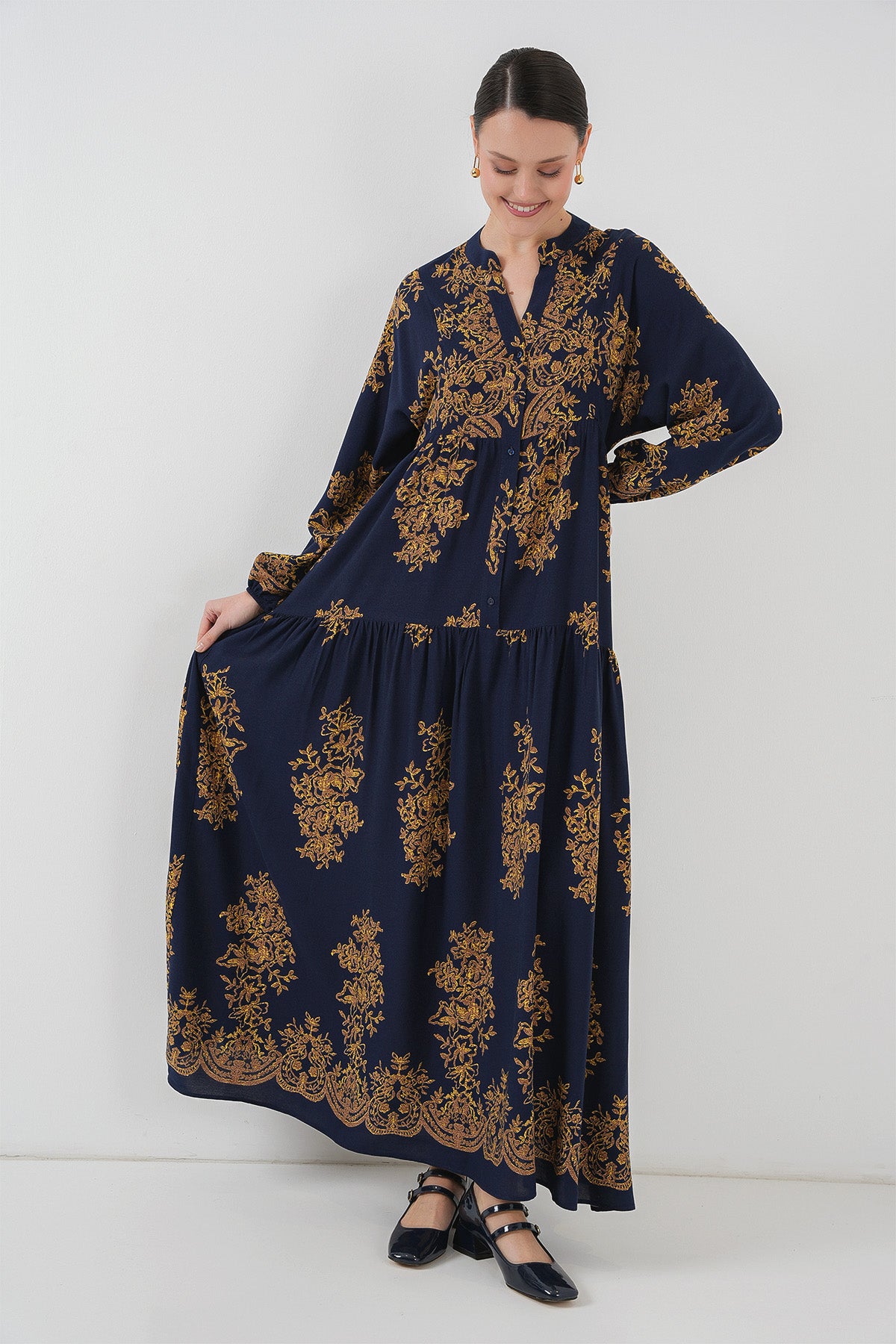 Image of Rochie hijab bleumarin cu model auriu 2423