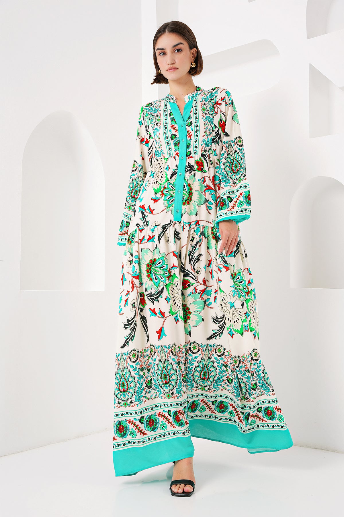 Image of 2423 Authentic Patterned Hijab Dress - Light Green