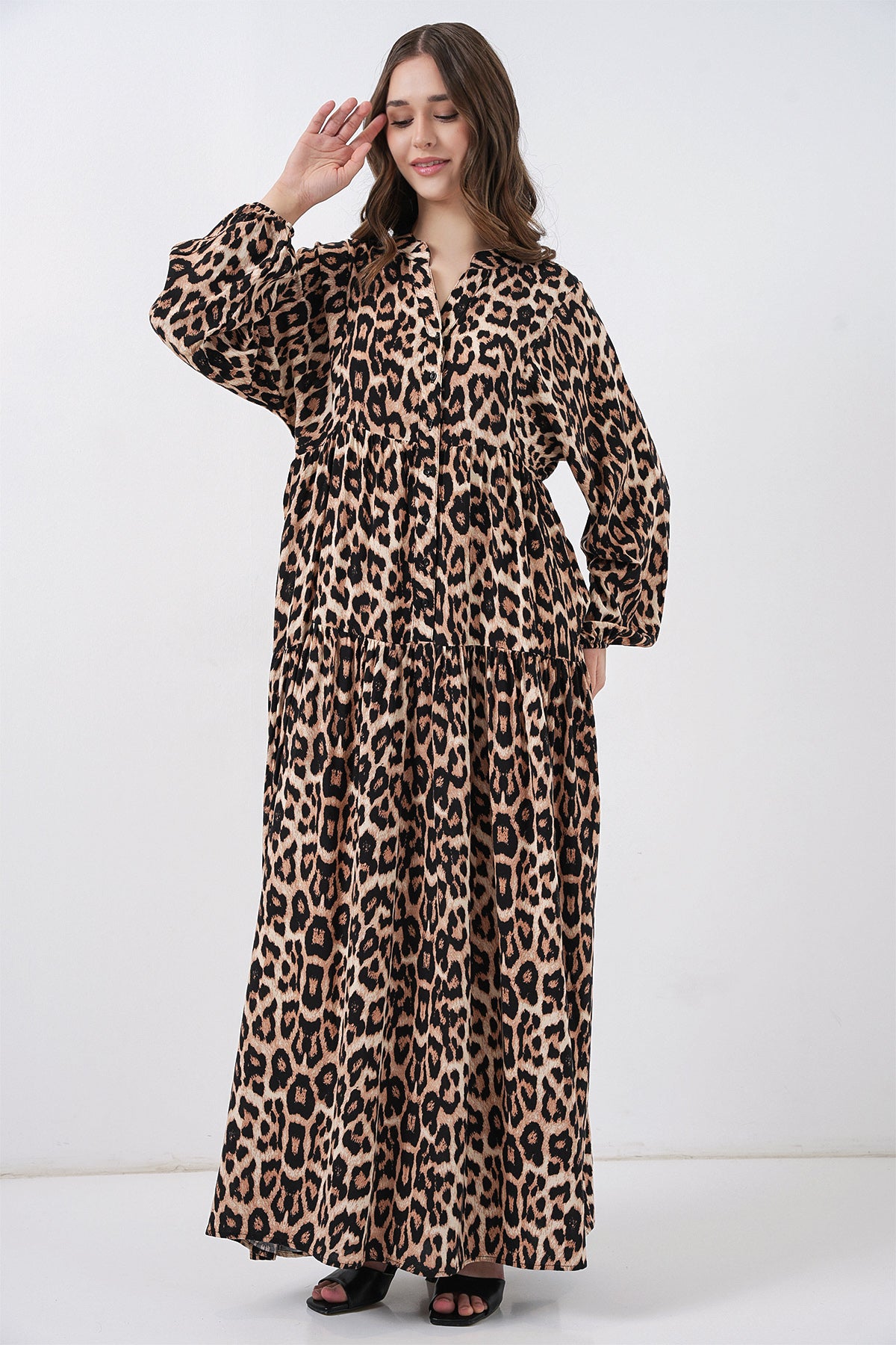 Image of 2423 Otantik Desenli Tesettür Elbise - E. Kahve