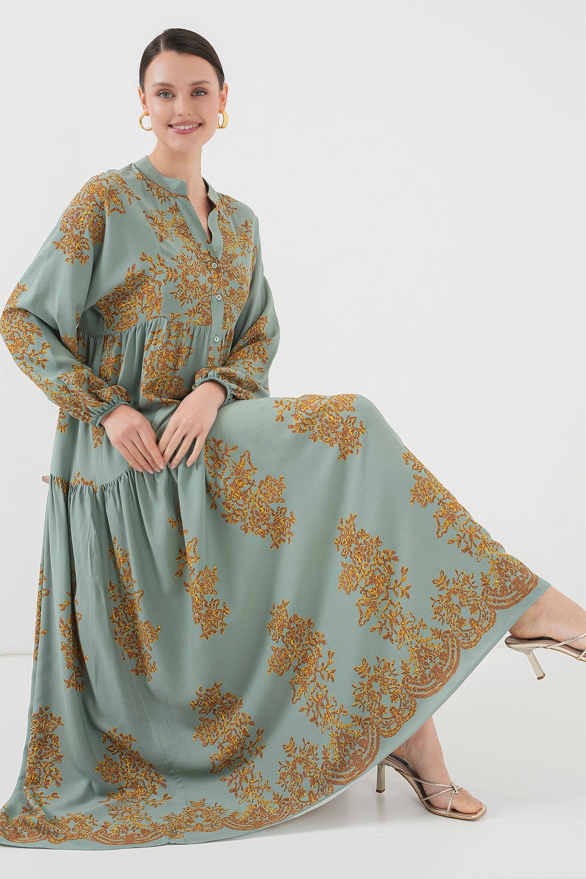 Image of Mint Gold Desenli Tesettür Elbise 2423