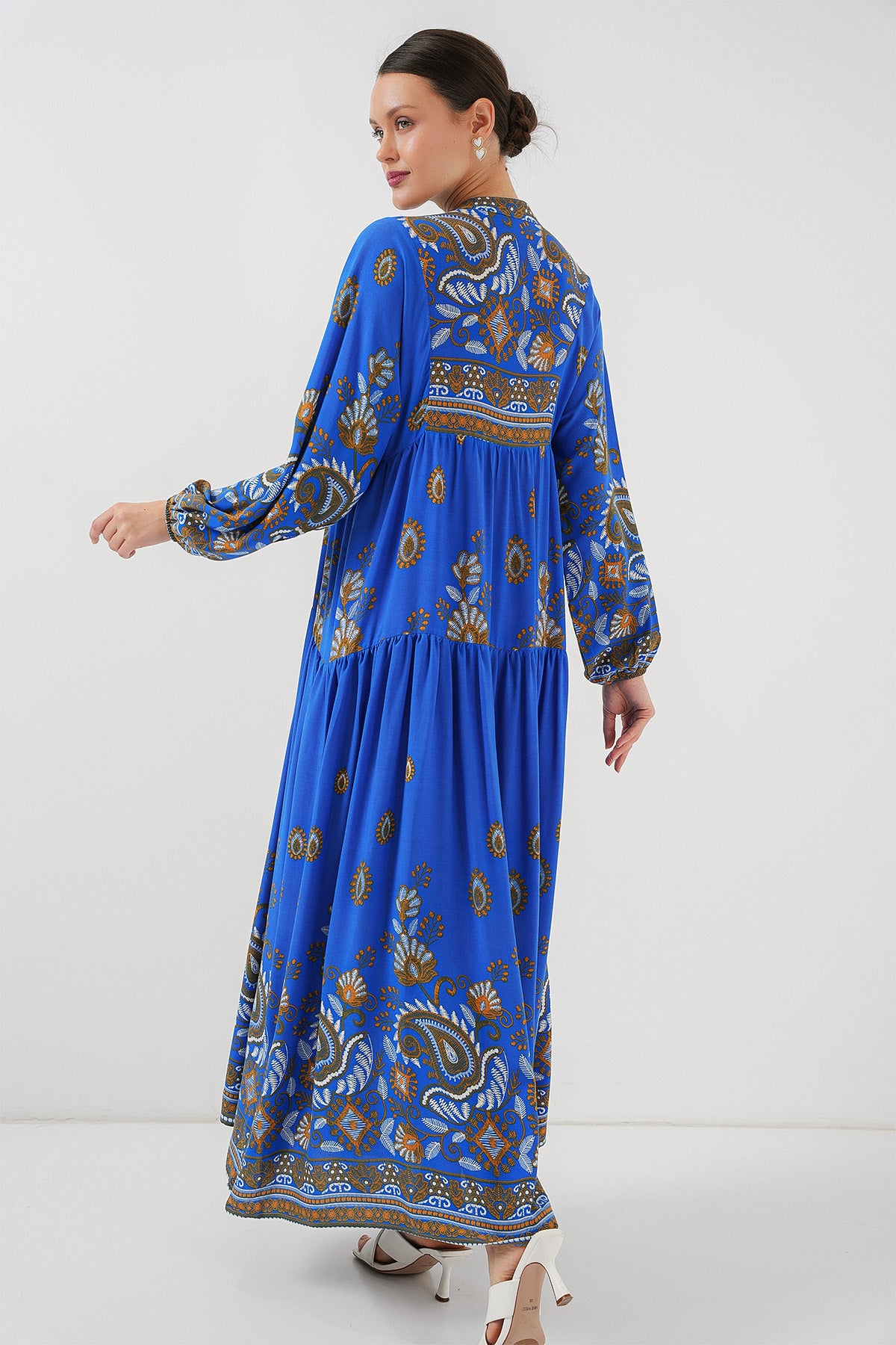Image of 2423 Otantik Desenli Tesettür Elbise - Saks 1