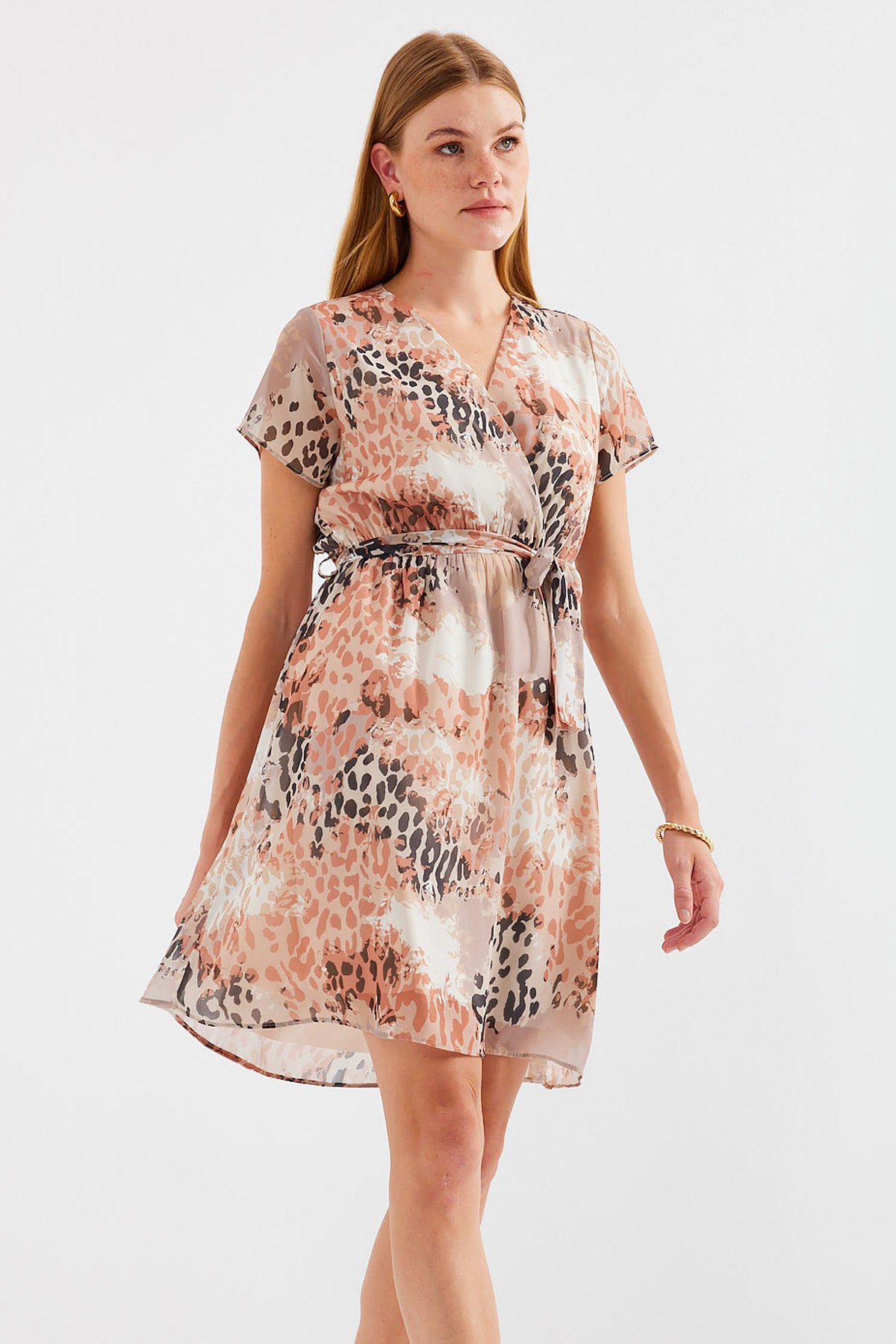 Image of Rochie din șifon cu model și mânecă scurtă 2502 - Bej