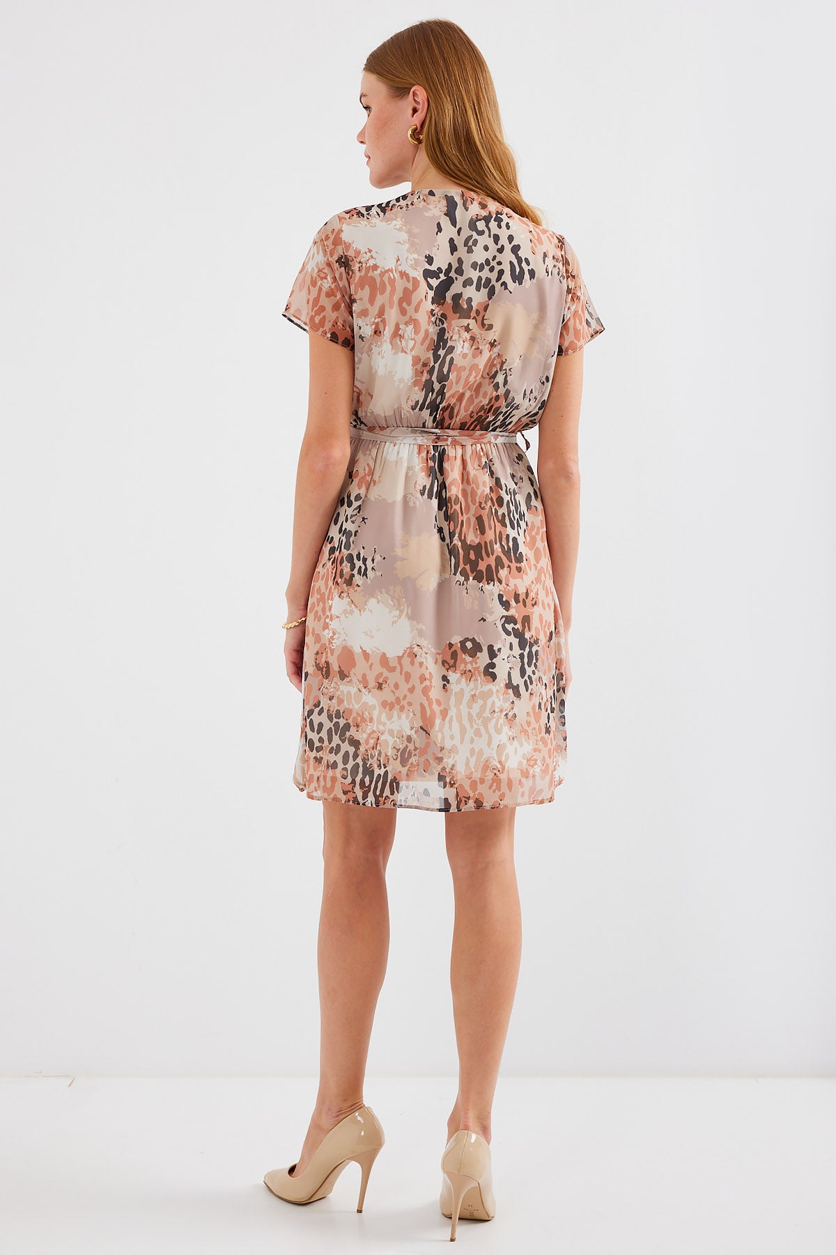 Image of Rochie din șifon cu model și mânecă scurtă 2502 - Bej