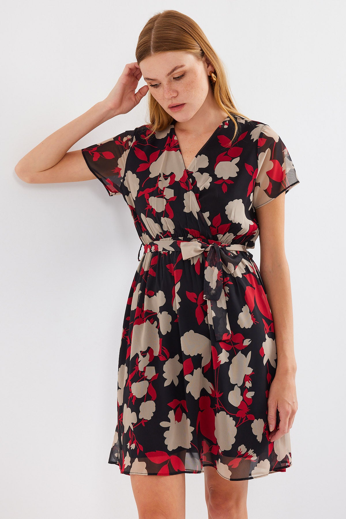 Image of Rochie din șifon cu model și mânecă scurtă 2502 - Burgundiu