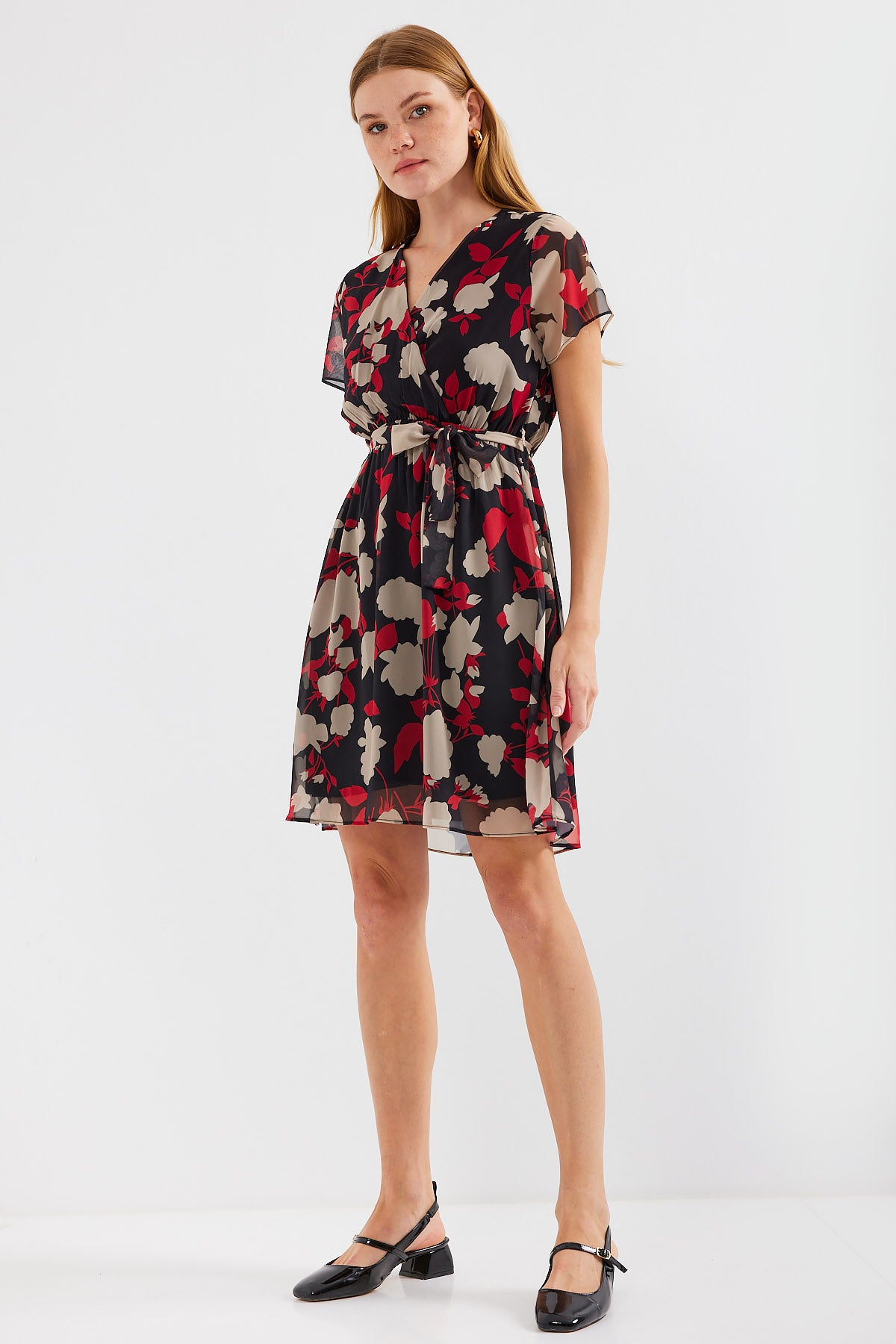 Image of Rochie din șifon cu model și mânecă scurtă 2502 - Burgundiu