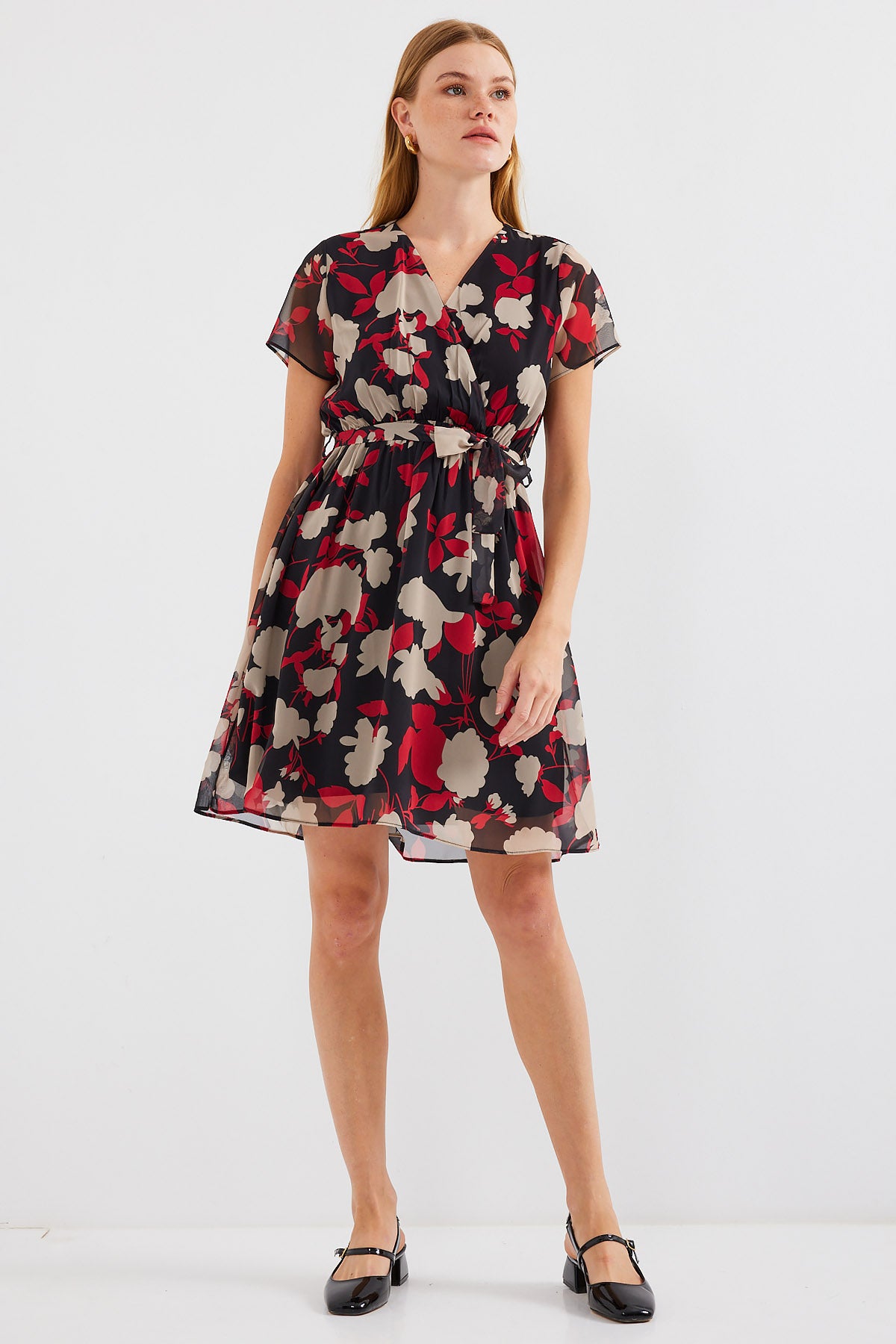 Image of Rochie din șifon cu model și mânecă scurtă 2502 - Burgundiu