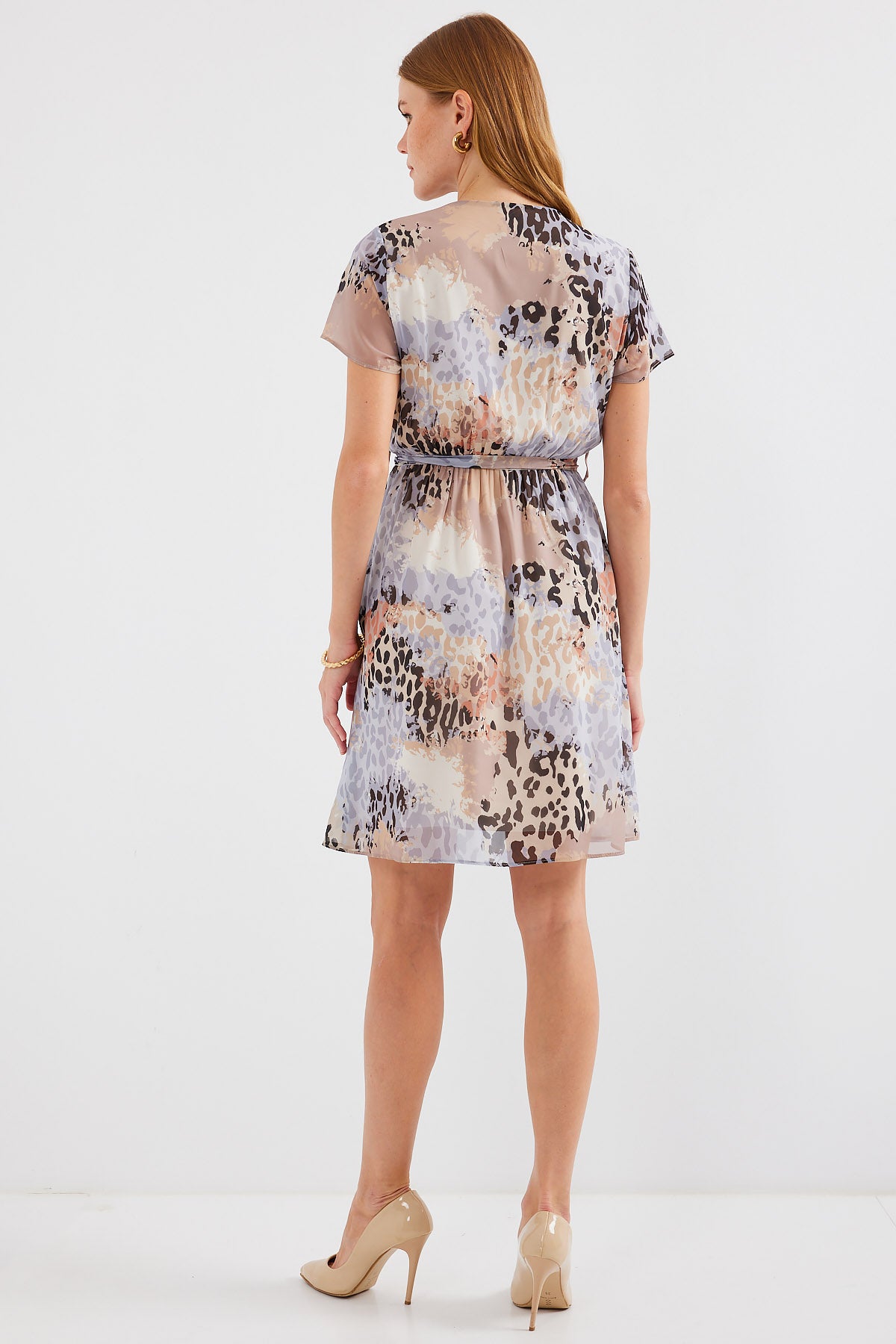 Image of Rochie din șifon cu model și mânecă scurtă 2502 - Gri