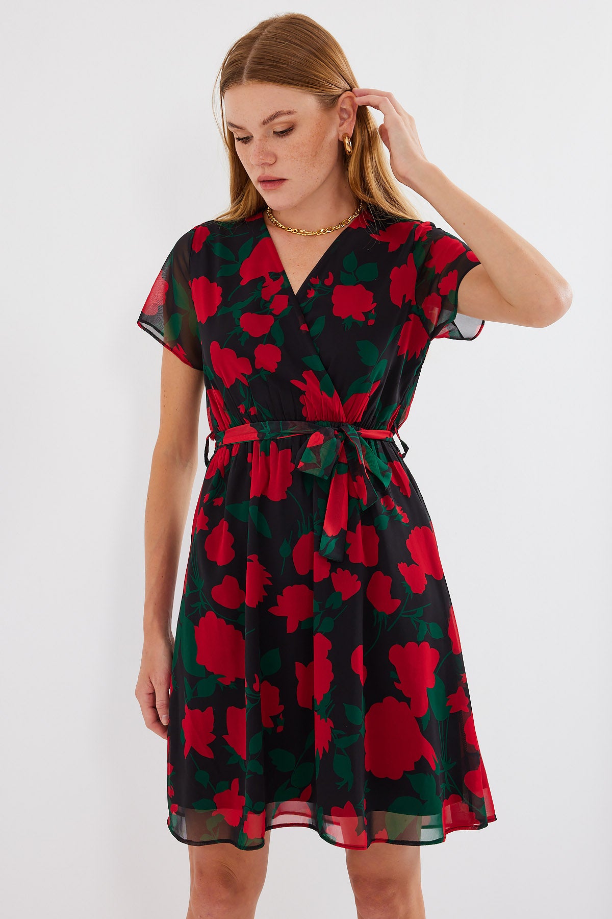 Image of Rochie din șifon cu model și mânecă scurtă 2502 - Negru