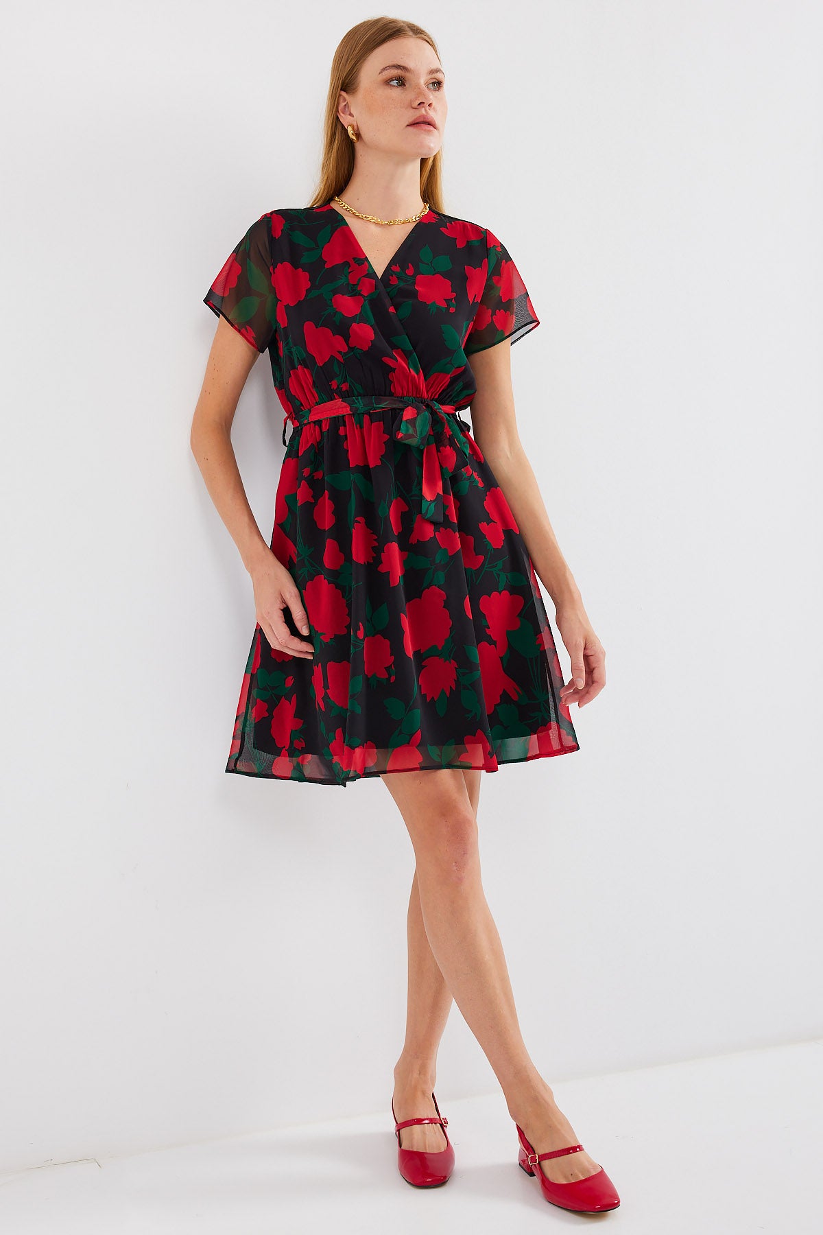 Image of Rochie din șifon cu model și mânecă scurtă 2502 - Negru