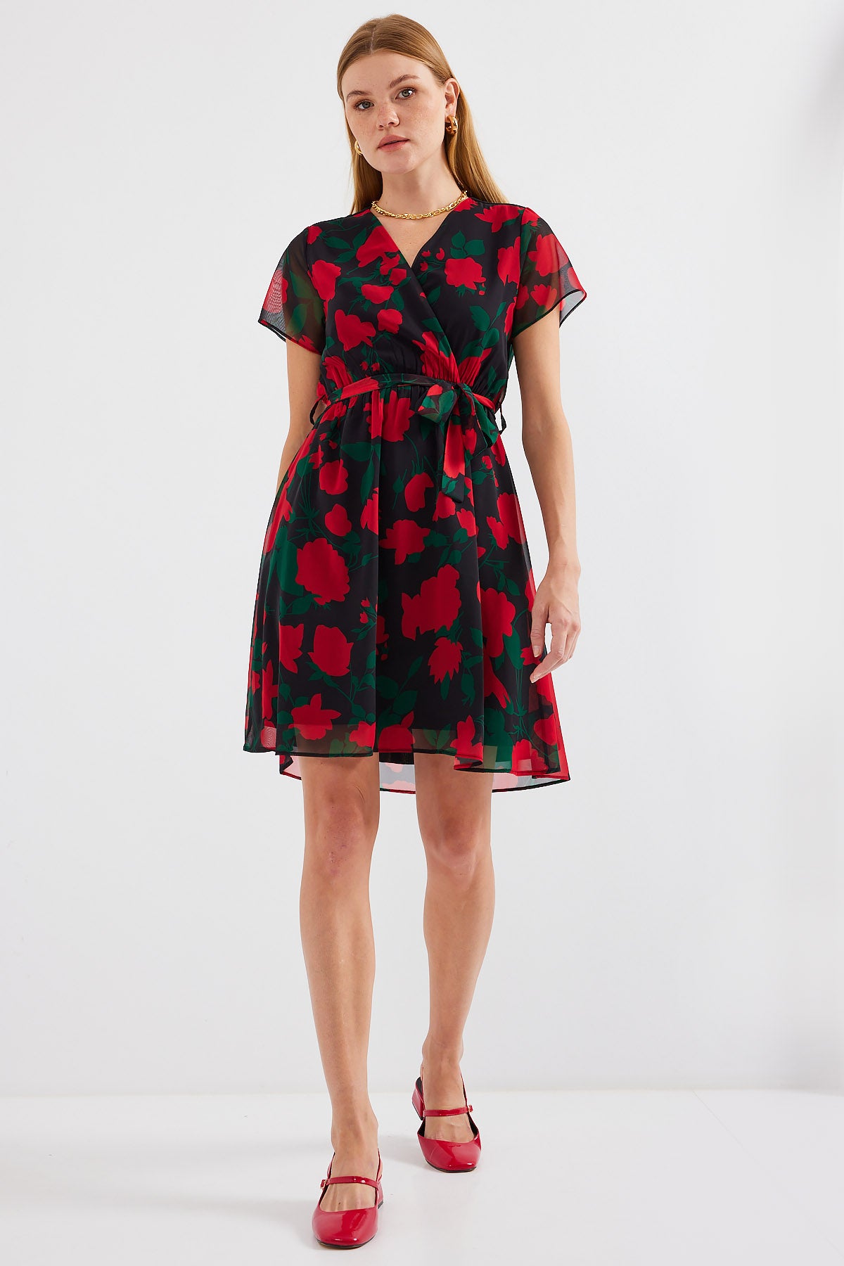 Image of Rochie din șifon cu model și mânecă scurtă 2502 - Negru