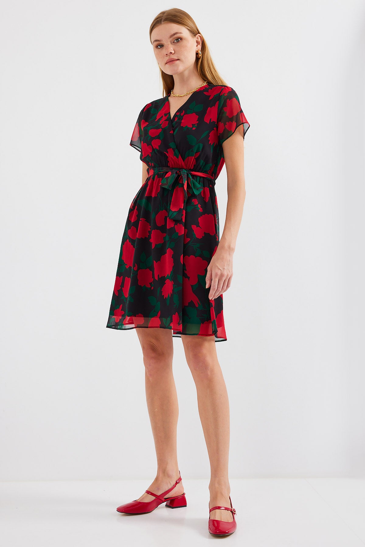 Image of Rochie din șifon cu model și mânecă scurtă 2502 - Negru