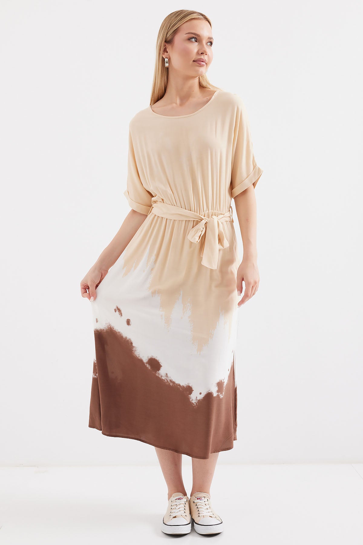 Image of Rochie din viscoză cu mânecă scurtă și model 2504 - Crem