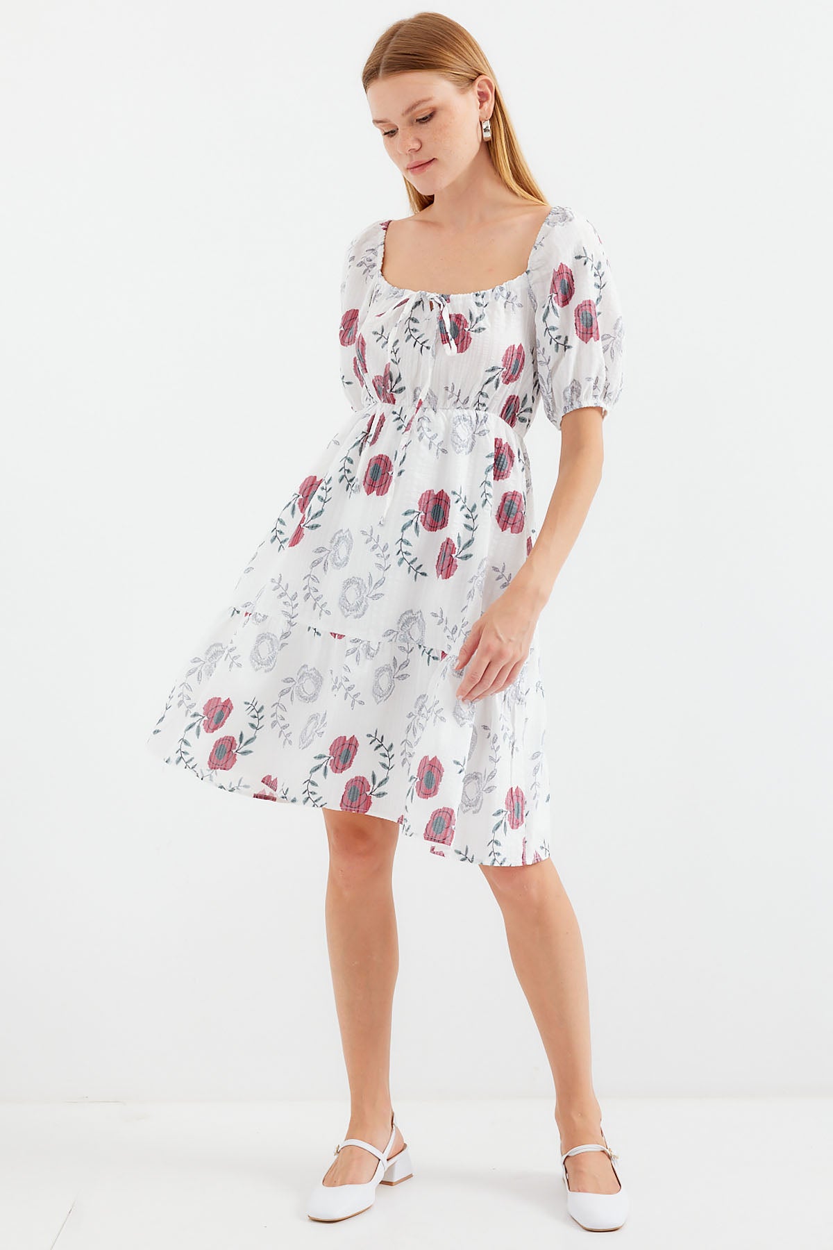 Image of Rochie mini evazată cu model 2508 - Ecru