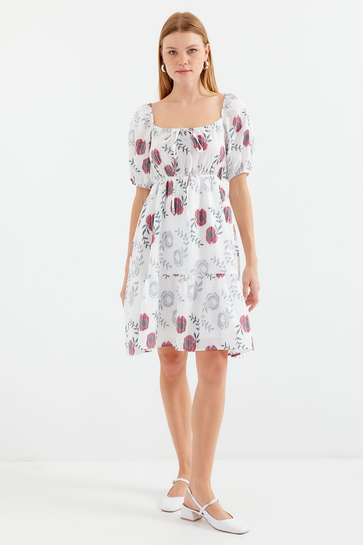 Image of Rochie mini evazată cu model 2508 - Ecru