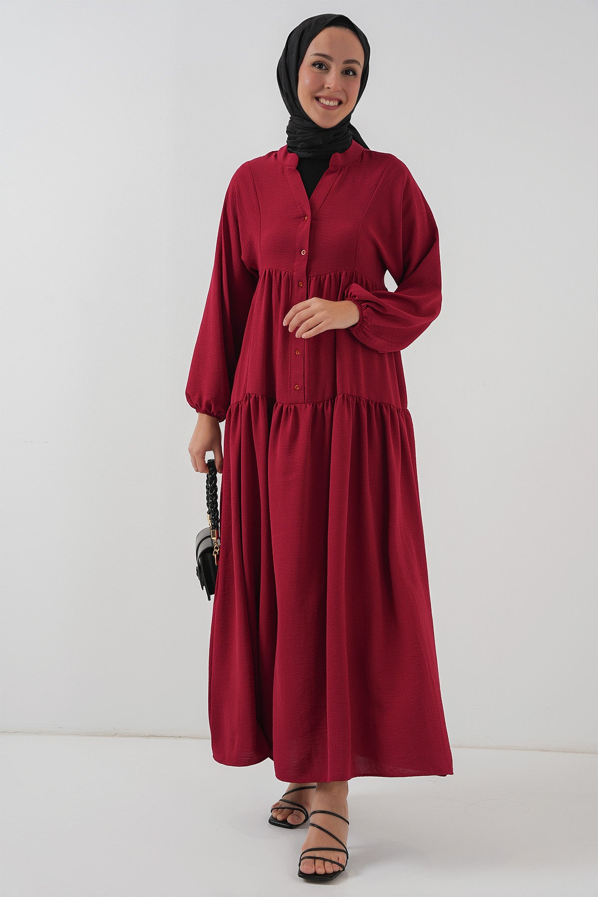 Image of 2527 Kadın Uzun Tesettür Elbise - Bordo