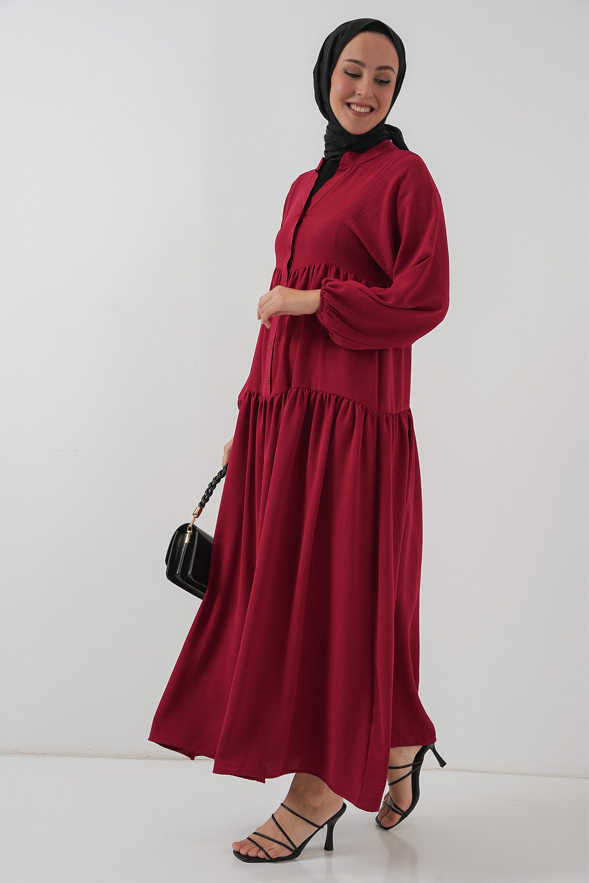 Image of 2527 Kadın Uzun Tesettür Elbise - Bordo