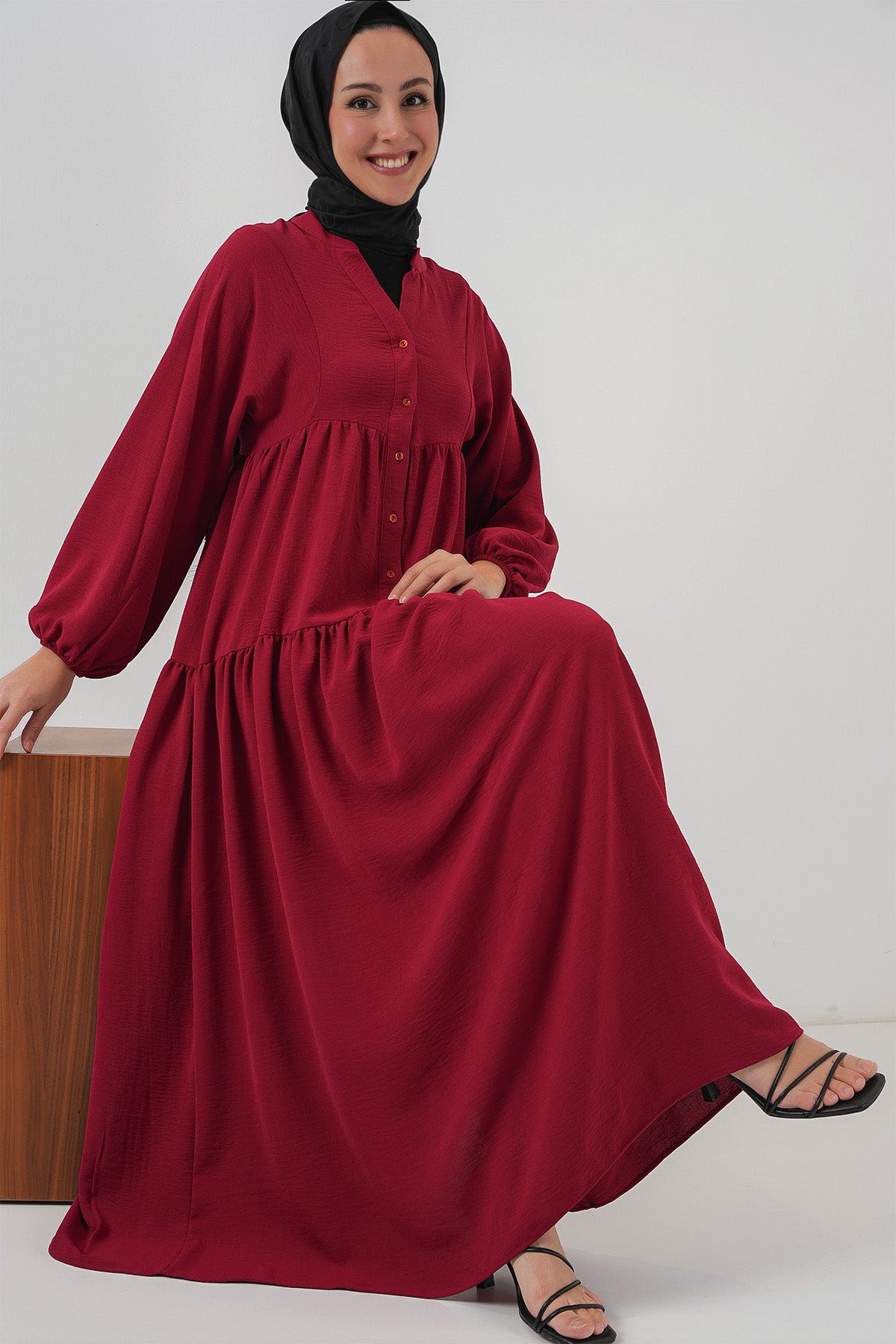 Image of 2527 Kadın Uzun Tesettür Elbise - Bordo